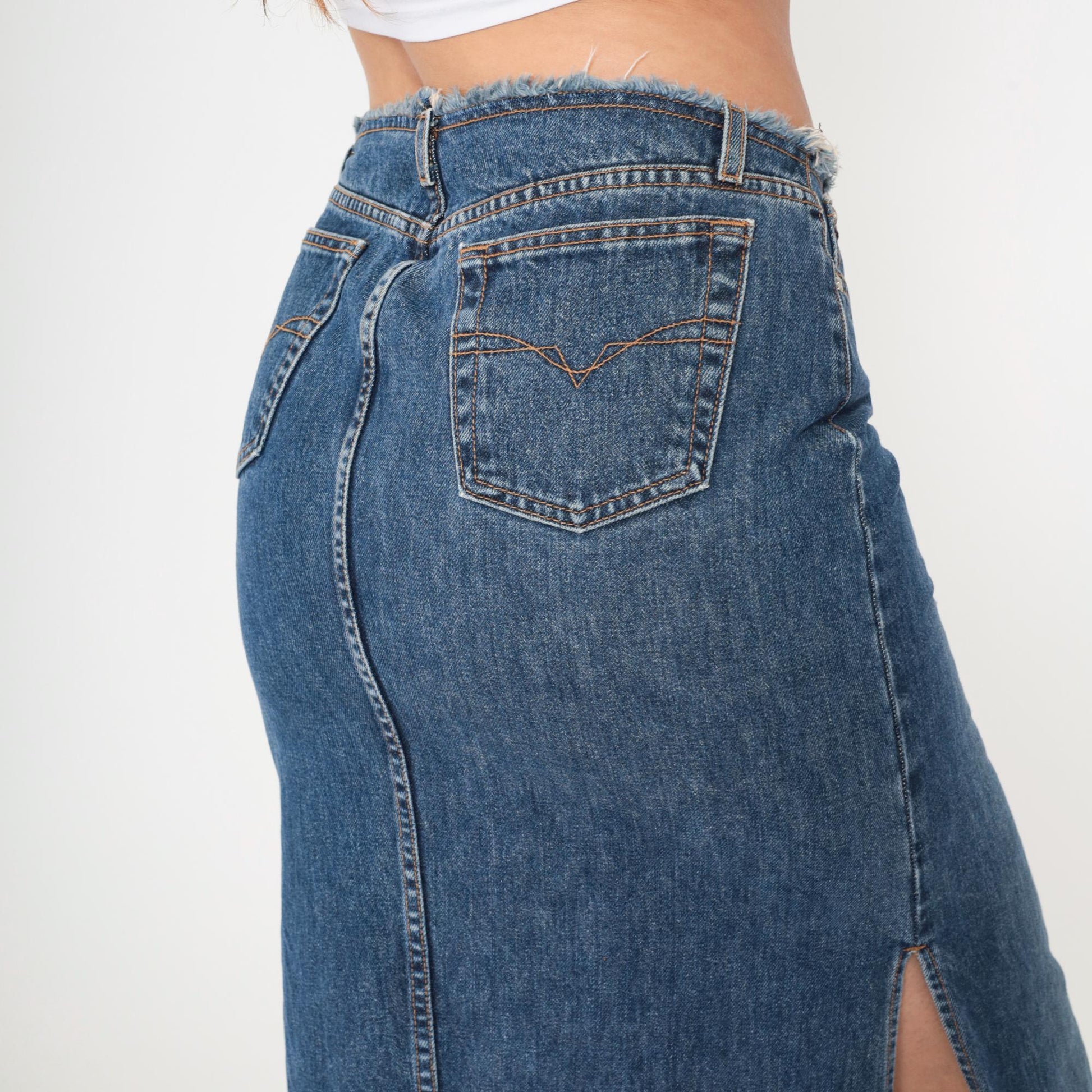 Y2K Faded Blue Denim Maxi Skirt Low Rise Side Slit Jean Skirt Small