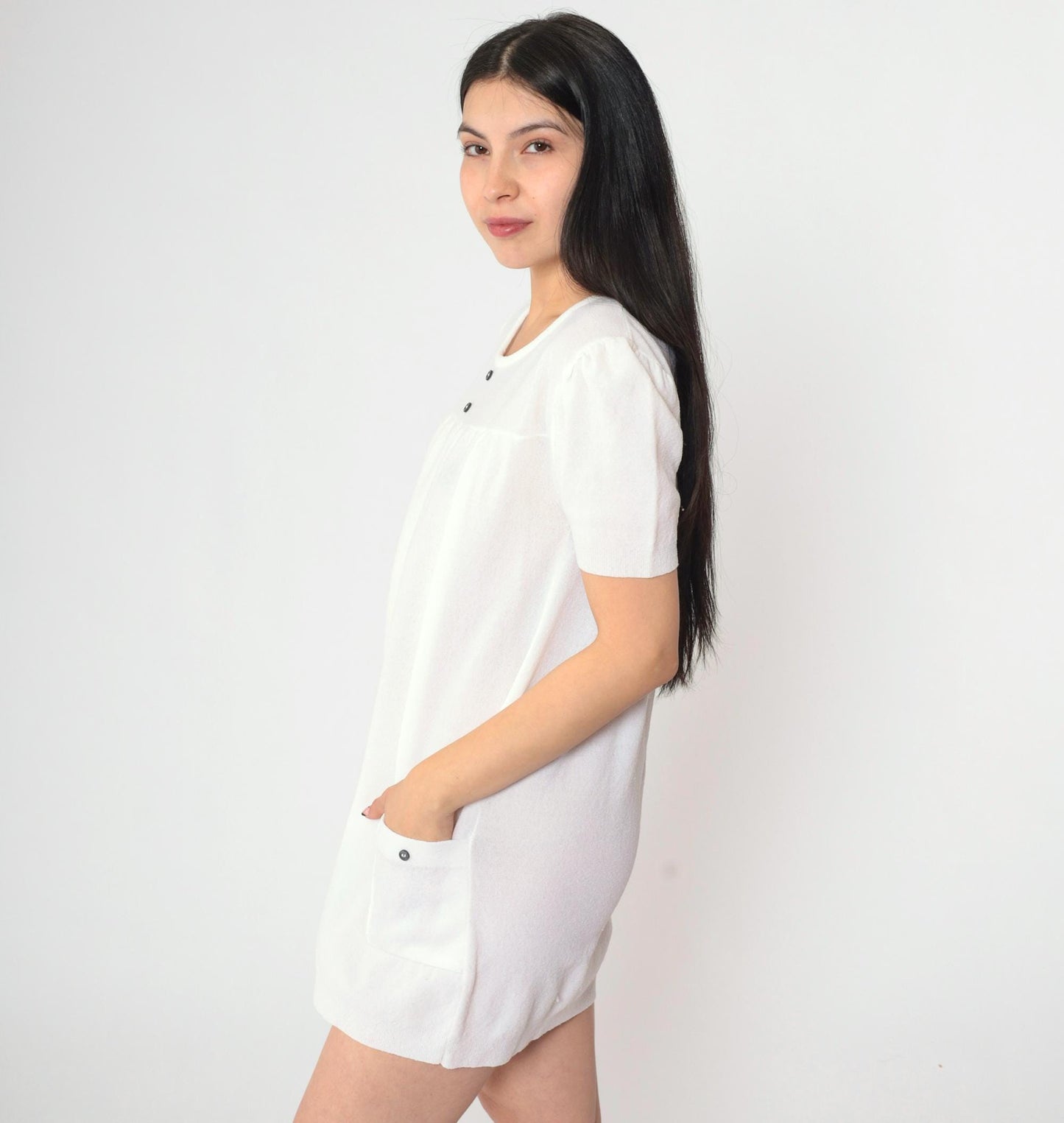60s White Mod Puff Sleeve Mini Dress Shift A-Line Patch Pocket Small