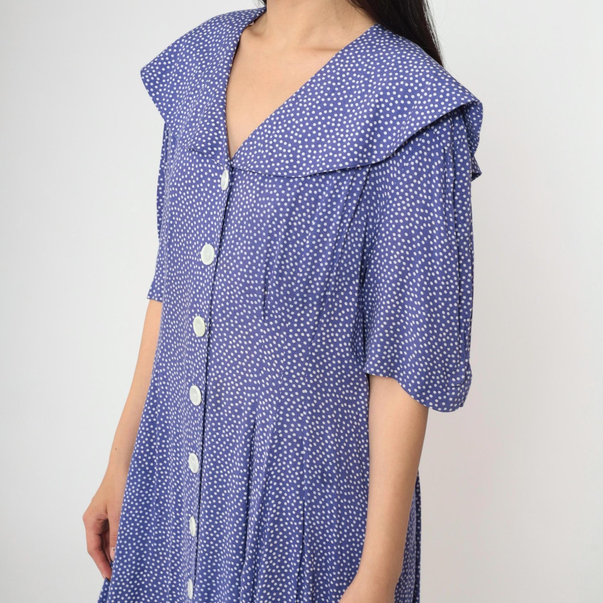 80s Purple Polka Dot Maxi Dress Sailor Collar Button-Up Rayon Large