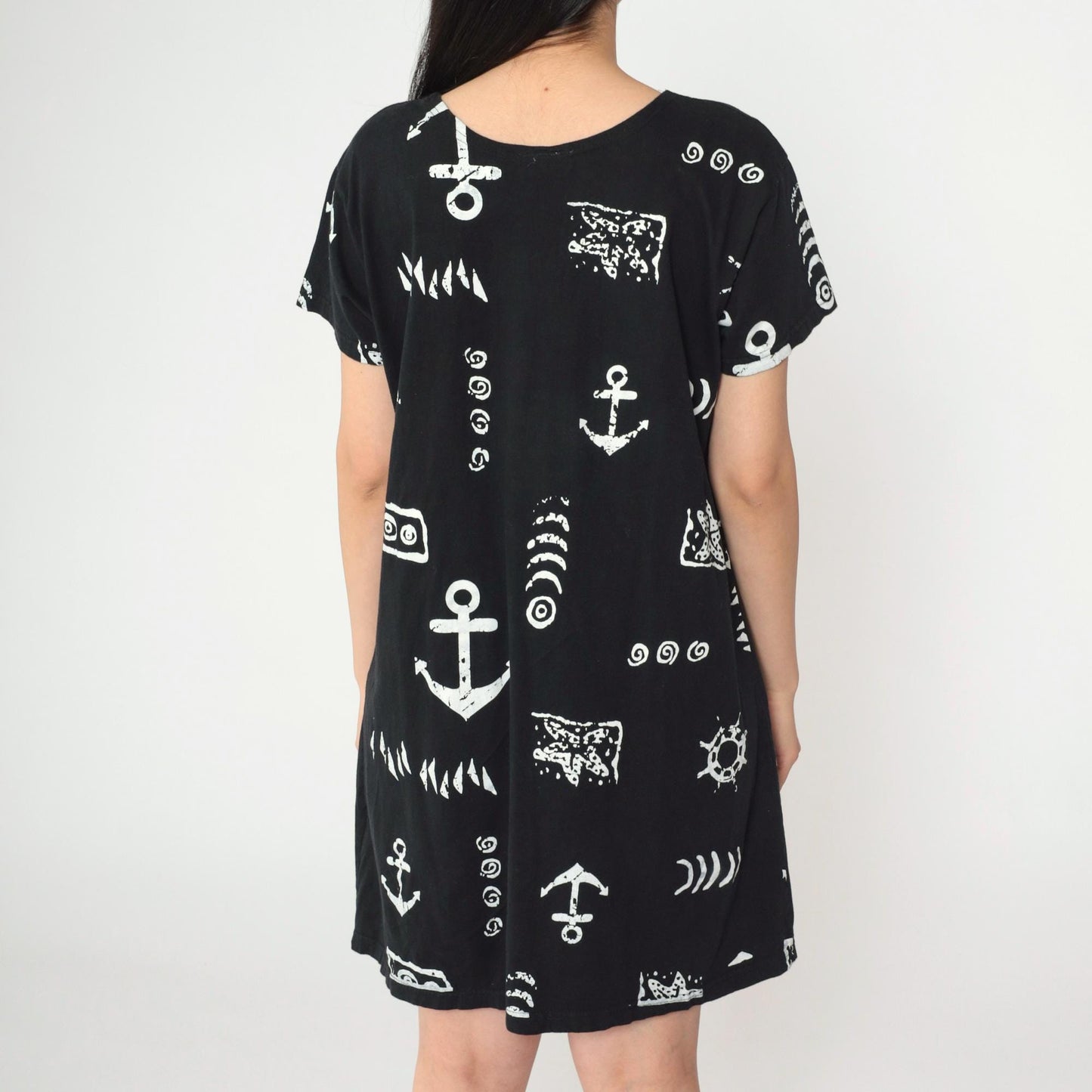 90s Black Nautical Anchor Starfish Print Mini Shift Dress Short Sleeve Medium M