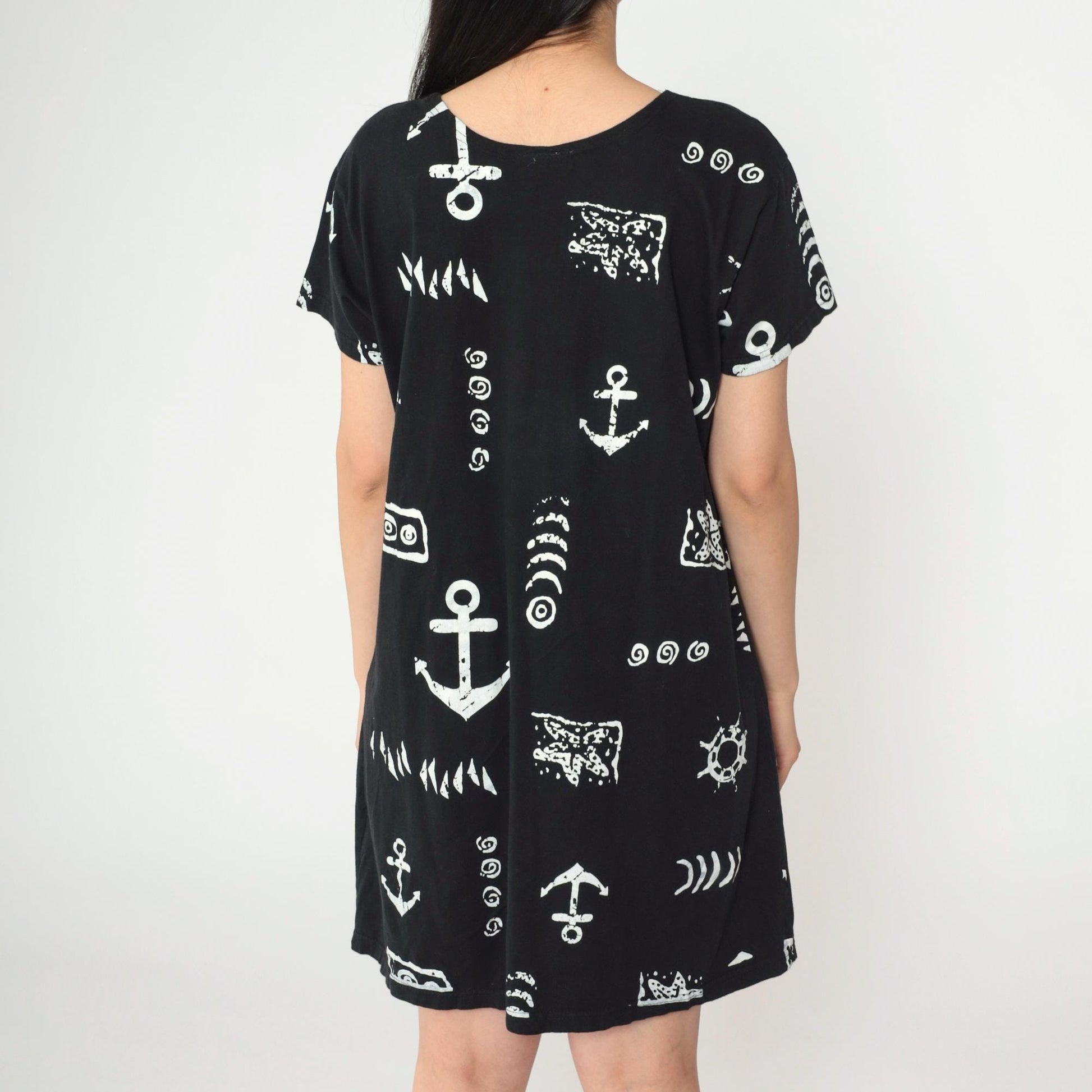 90s Black Nautical Anchor Starfish Print Mini Shift Dress Short Sleeve Medium M