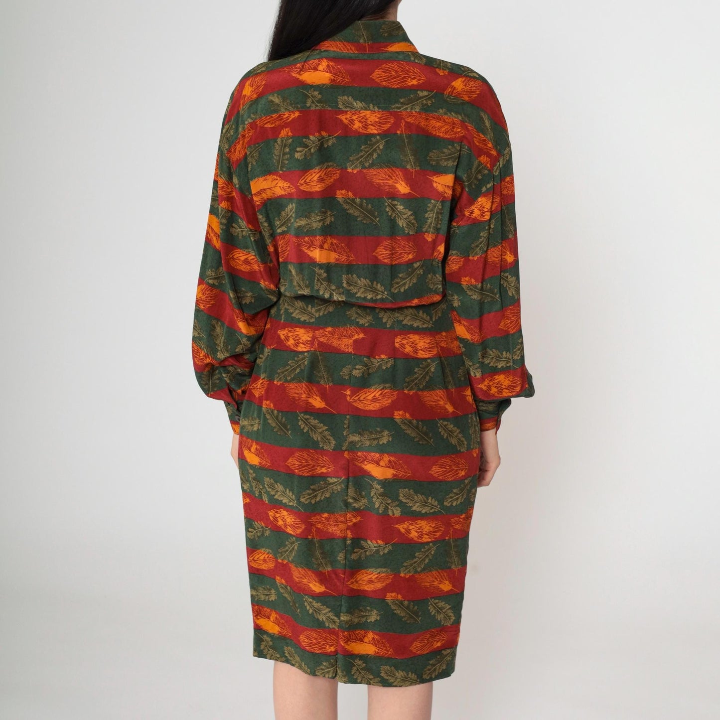 80s Silk Midi Dress Autumn Leaf Print Button-Up Blouson Long Sleeve Red Orange Green Extra Small