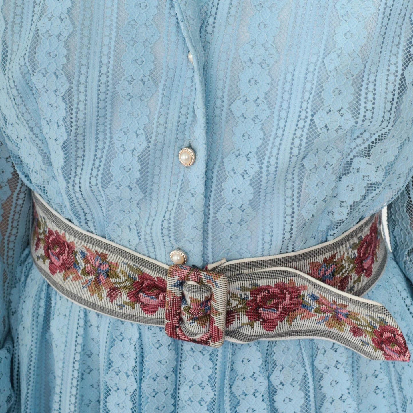 70s Baby Blue Crochet Lace Maxi Dress Pearl Buttons High Waist Small