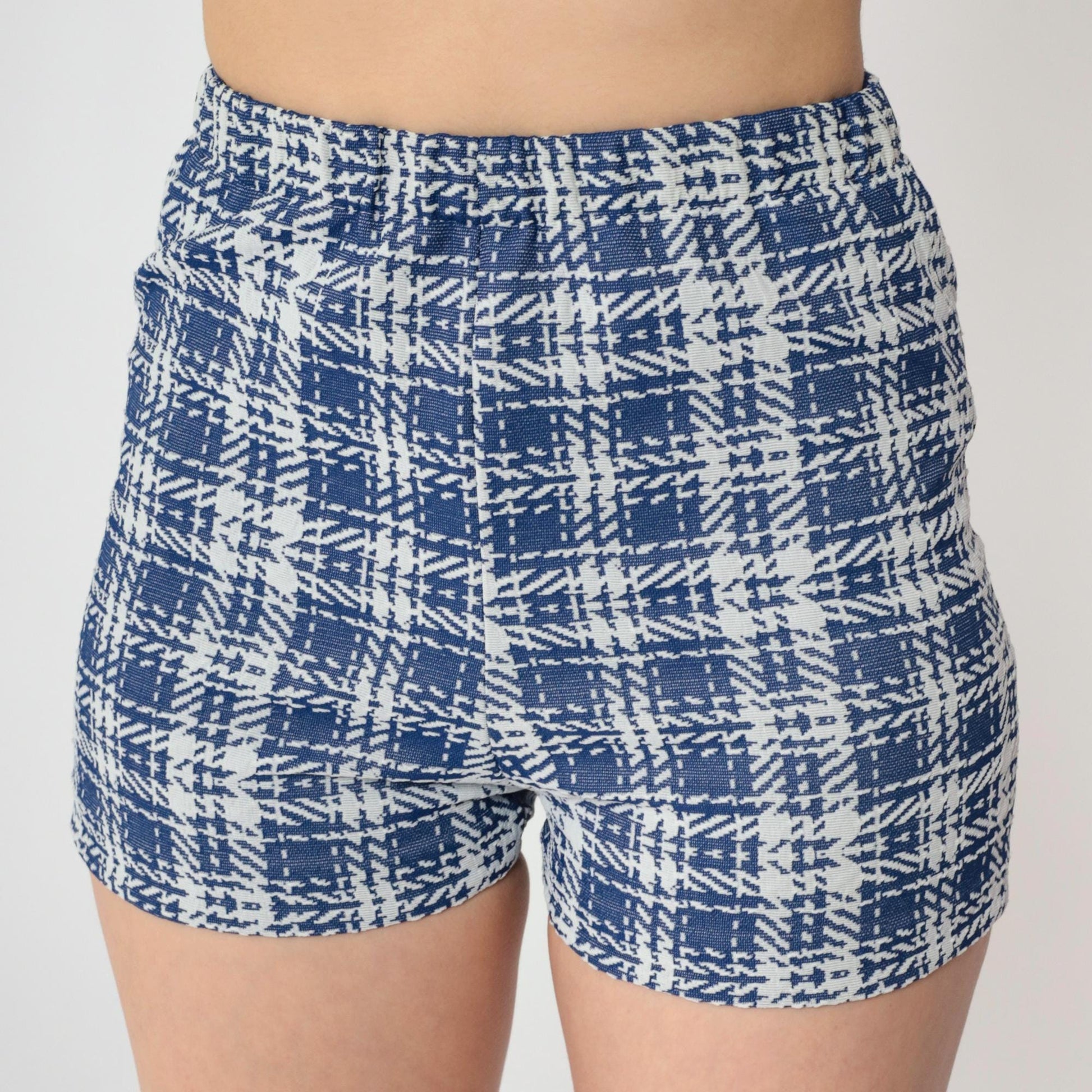 70s Blue Plaid High-Waist Hotpants Elastic Waistband Polyester Shorts XS