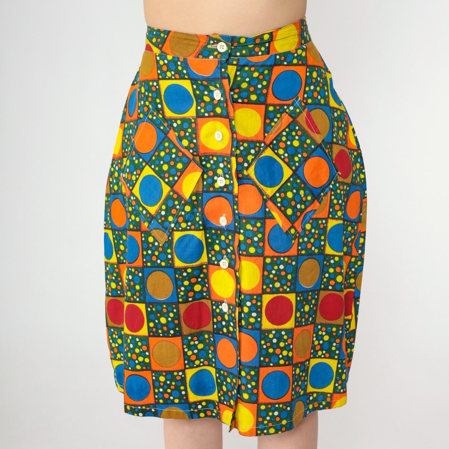 70s Polka Dot High-Waisted Skirt Knee Length Button Front Small