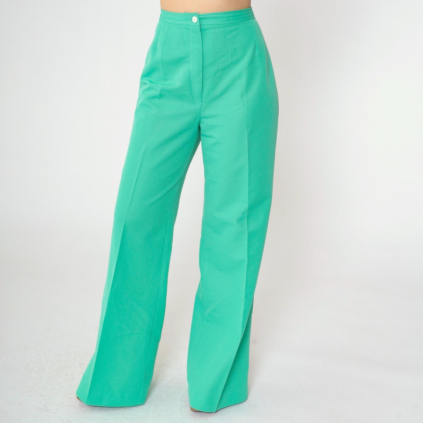 70s Green Polyester High-Waist Wide-Leg Flared Trousers Small