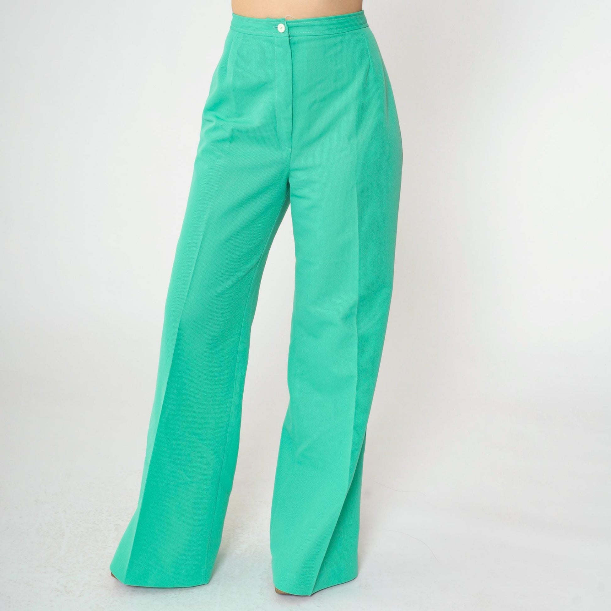 70s Green Polyester High-Waist Wide-Leg Flared Trousers Small