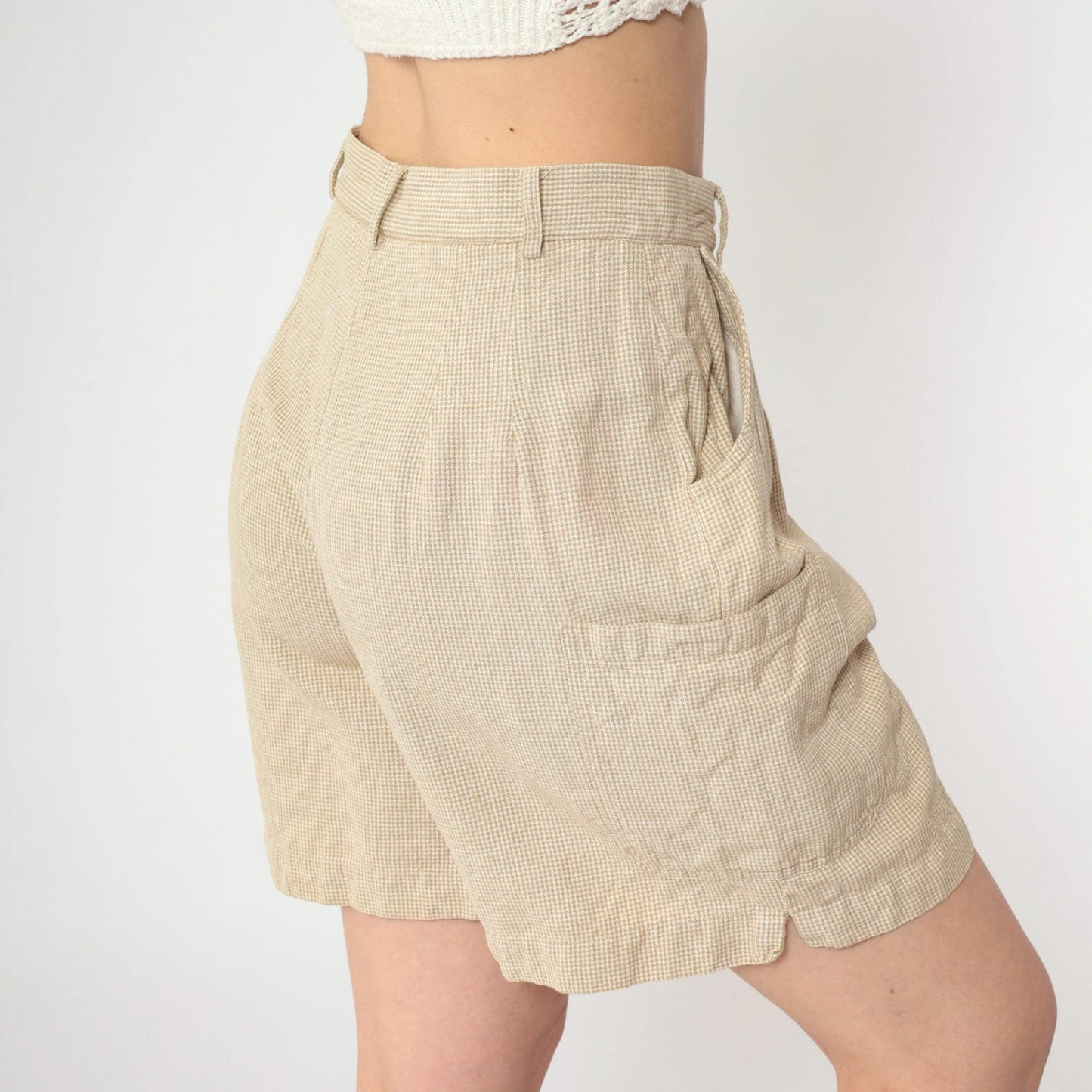 90s Talbots Houndstooth Pleated Shorts Tan High Waist Linen Small
