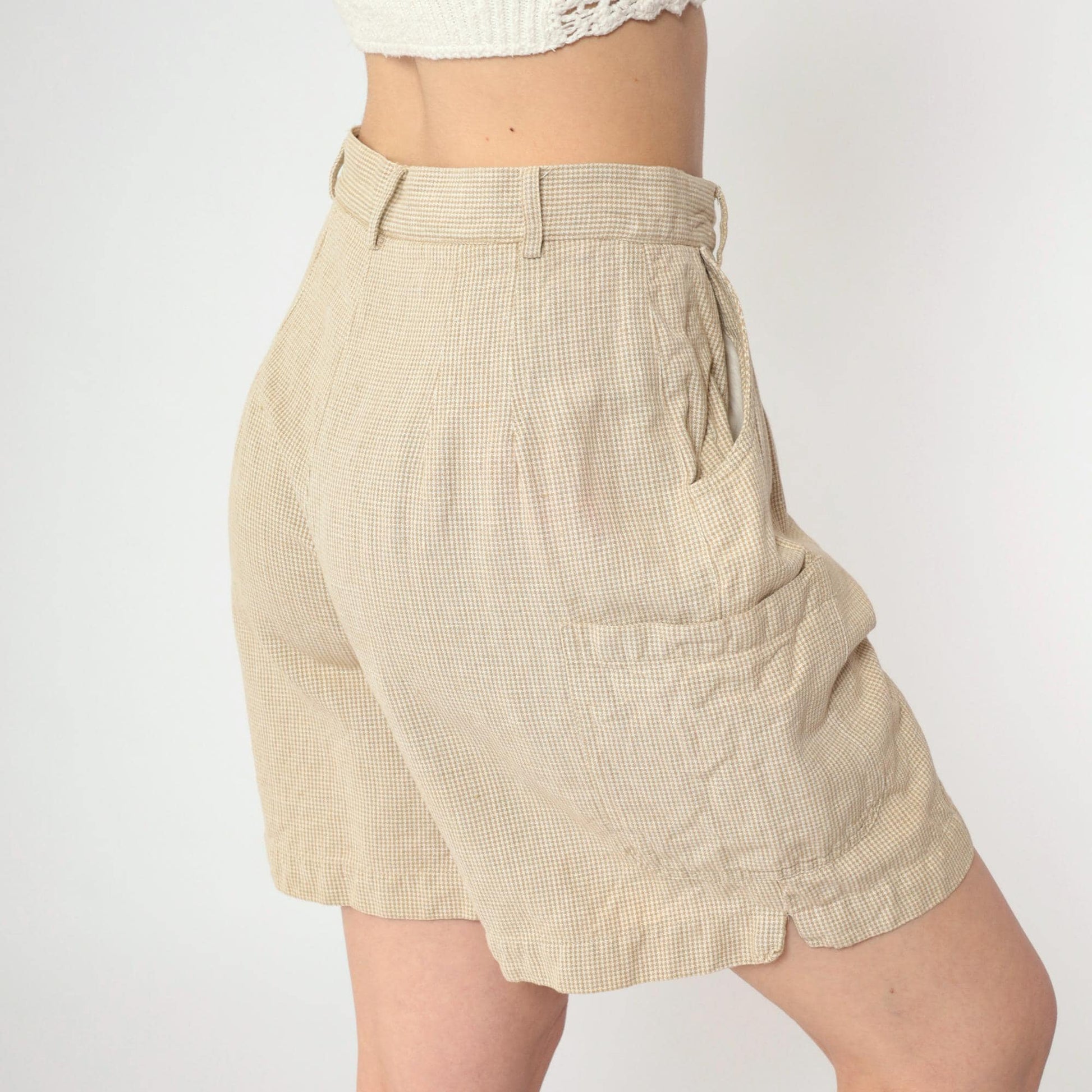 90s Talbots Houndstooth Pleated Shorts Tan High Waist Linen Small