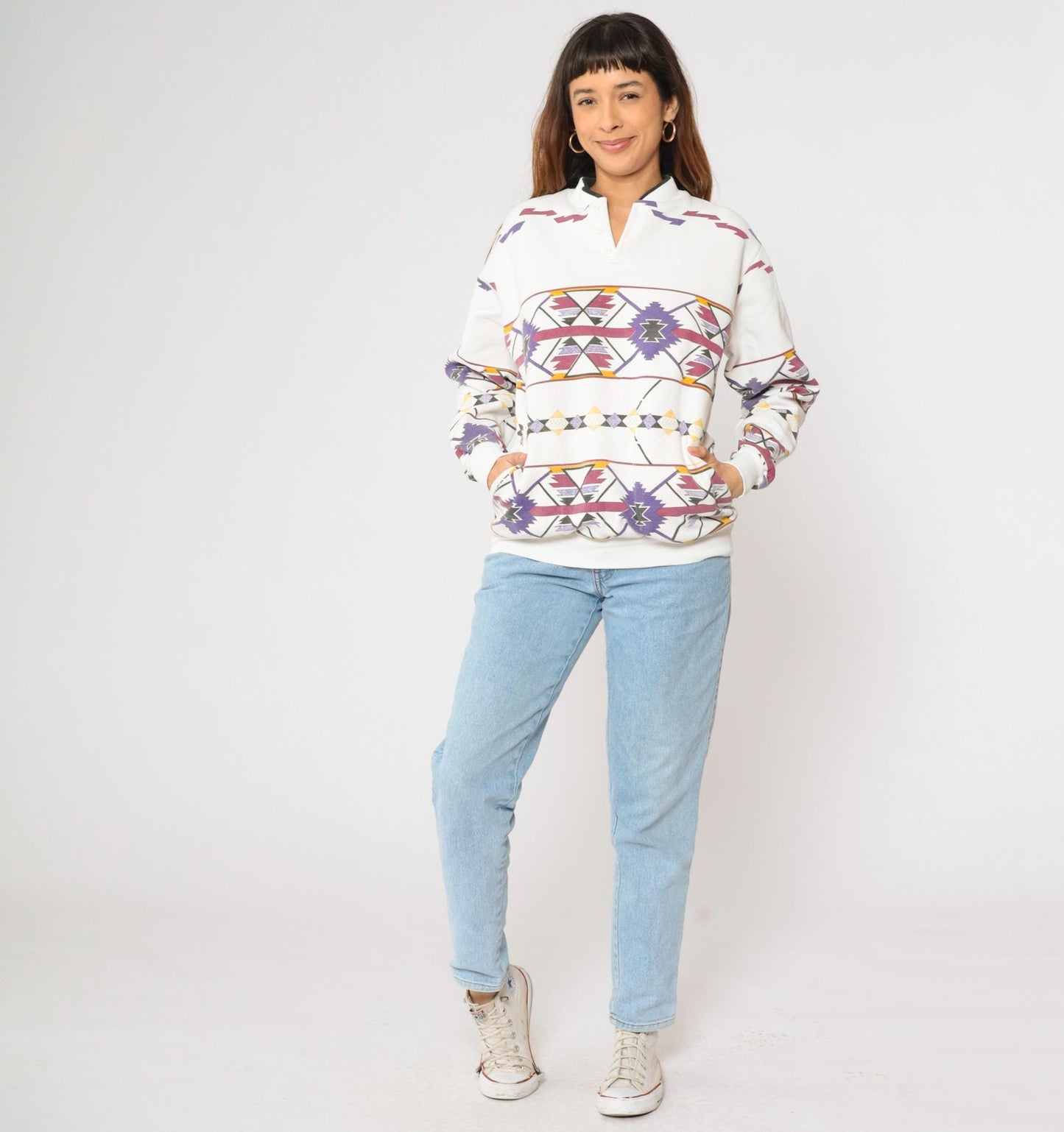 90s Southwestern Print Sweatshirt White Henley Neckline Medium M