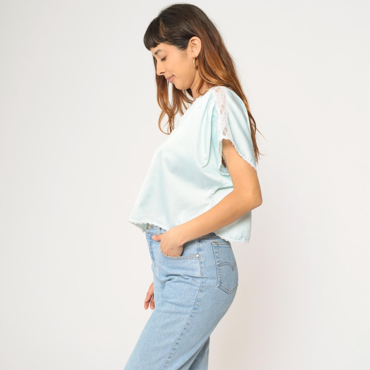 80s Aqua Satin Snakeskin Pajama Top Lace Trim Cropped V-Neck Medium