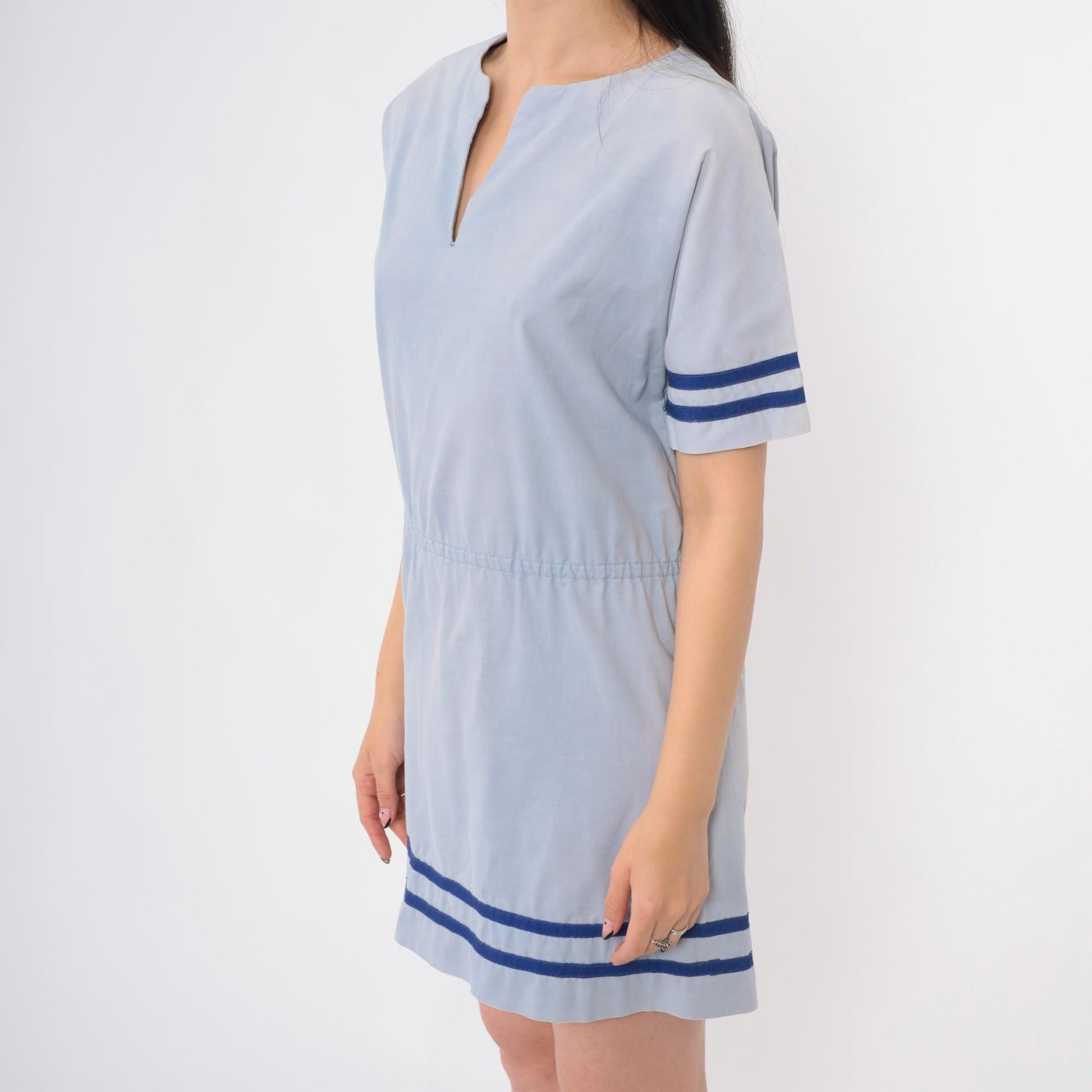 1970s Blue Striped V-Neck Mini Dress High Waist Short Sleeve Small