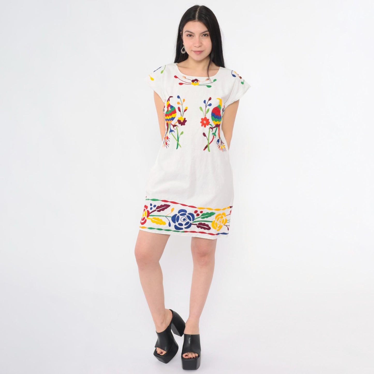 90s Mexican Embroidered Peacock Floral Mini Dress White Cotton Tunic Medium M