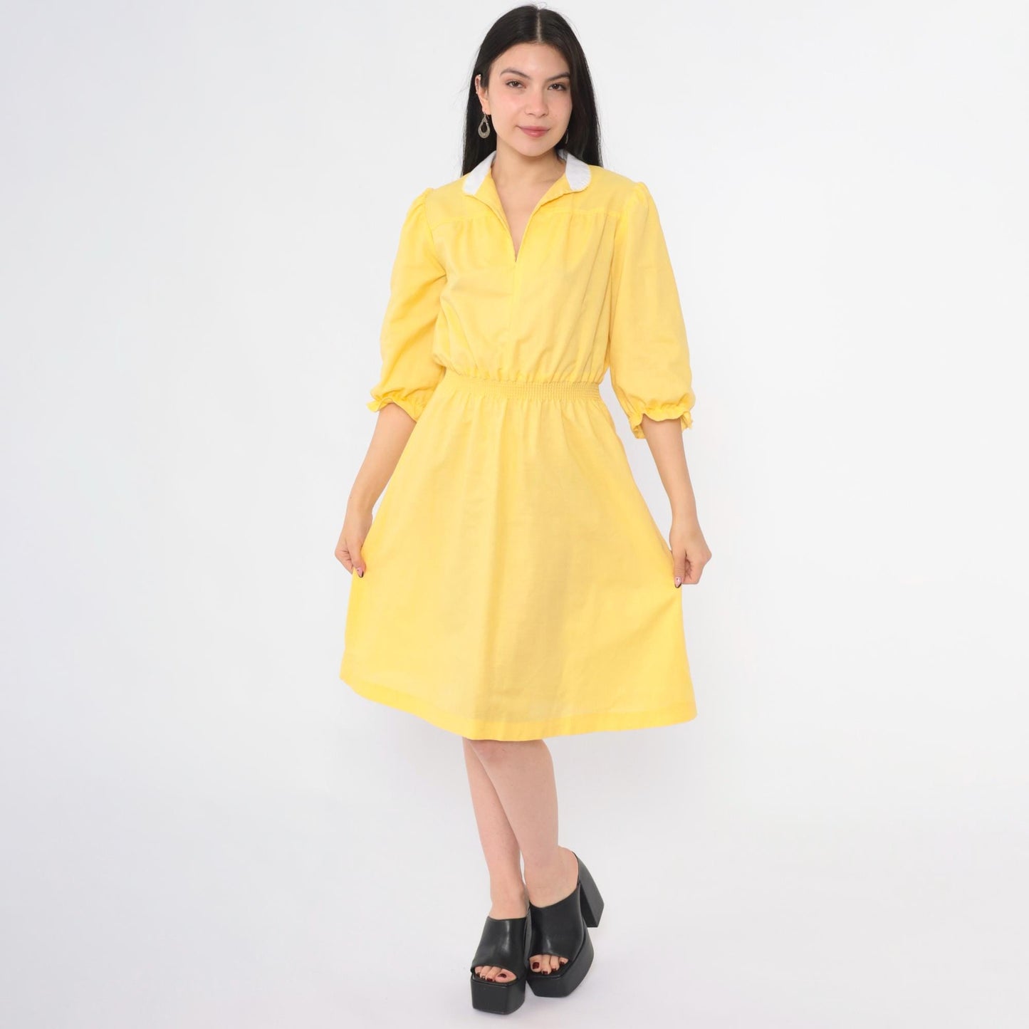 70s Yellow Puff Sleeve Midi Dress White Collar Smocked Waist Small S