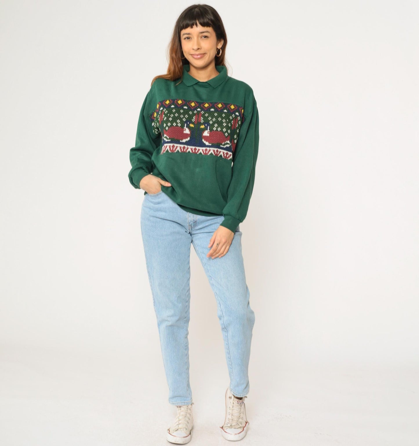 90s Duck Cattails Knit Sweatshirt Dark Green Collared Jumper Small S
