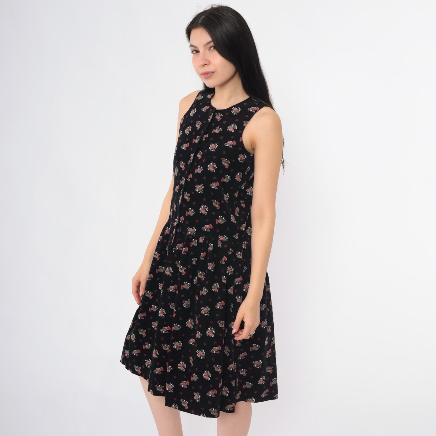 90s Black Corduroy Floral Button-Up Pinafore Midi Dress Extra Small