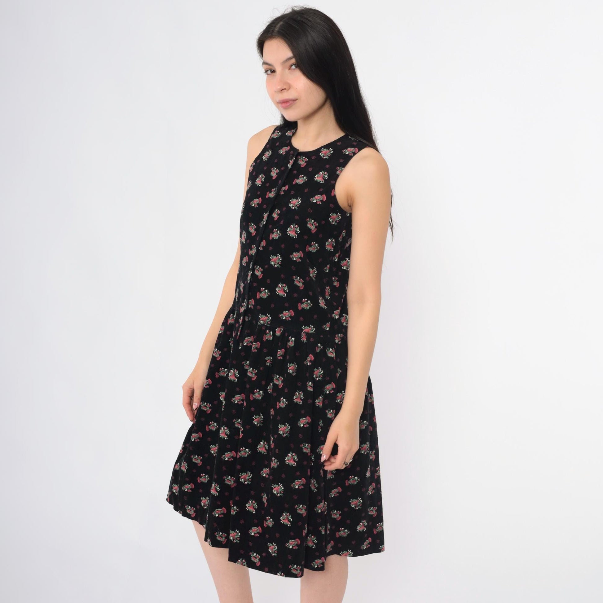 90s Black Corduroy Floral Button-Up Pinafore Midi Dress Extra Small