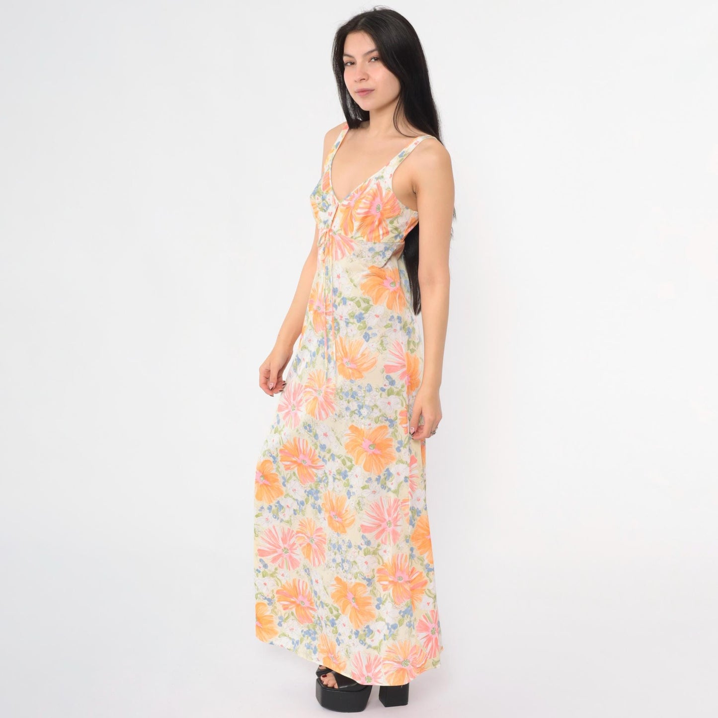 70s Floral Nightgown Maxi Slip Dress White Plunge Neckline Extra Small