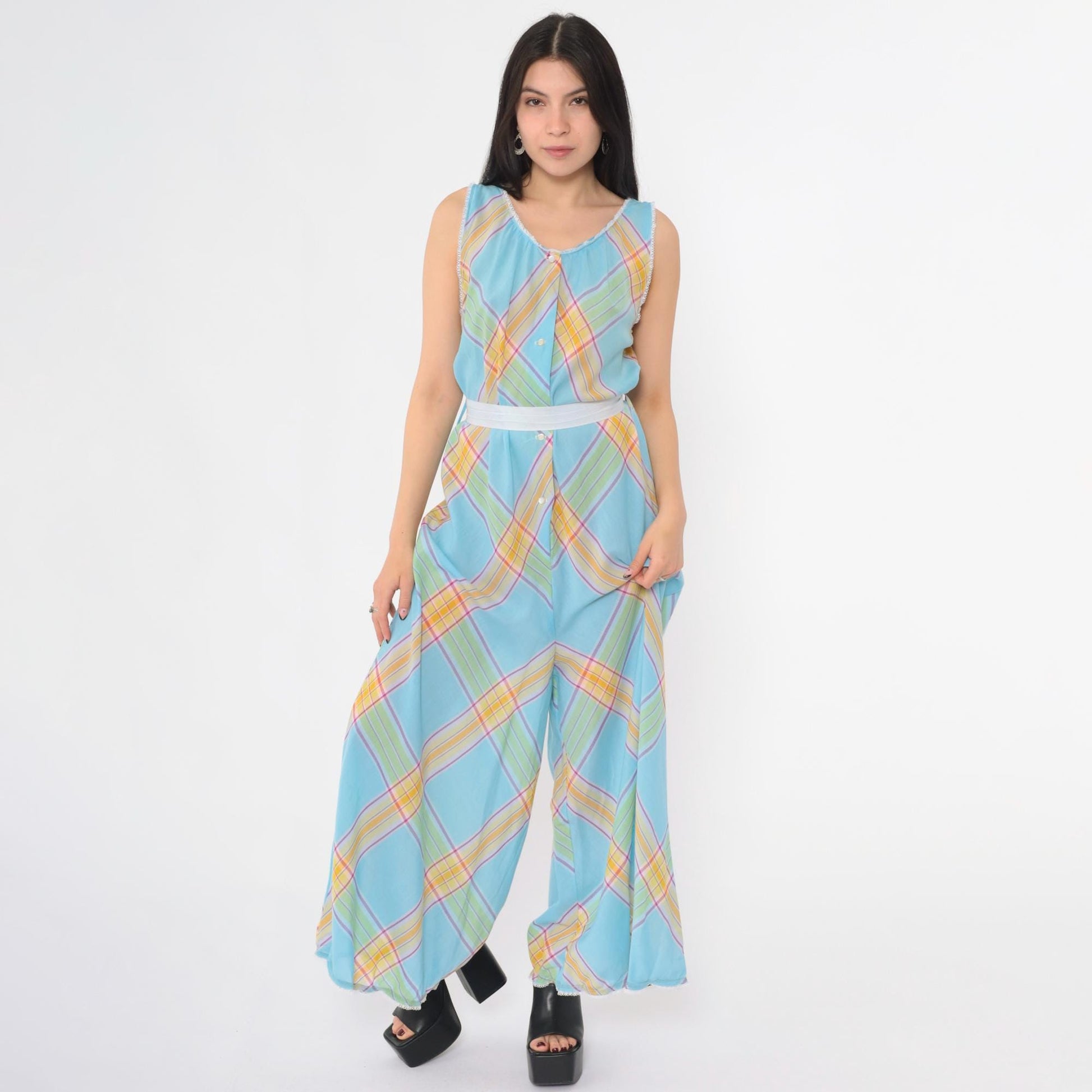 70s Light Blue Plaid Palazzo Jumpsuit Scoop Neck High Waist Medium M