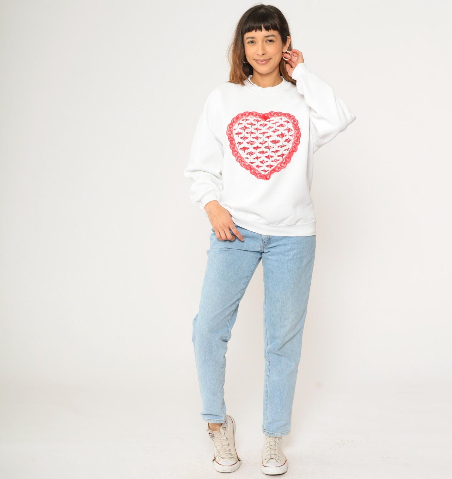 90s Jerzees White Sweatshirt Handkerchief Heart Red Lace Trim Extra Large XXL
