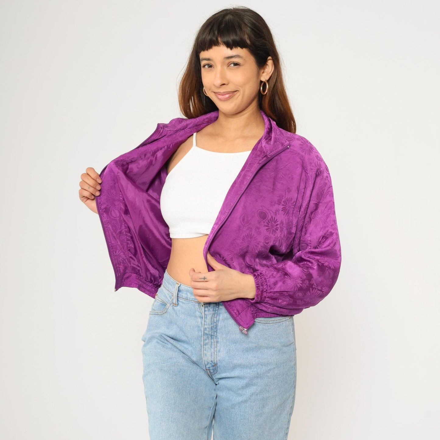 90s Silk Floral Jacquard Windbreaker Purple Zip-Up Raglan Jacket Extra Small