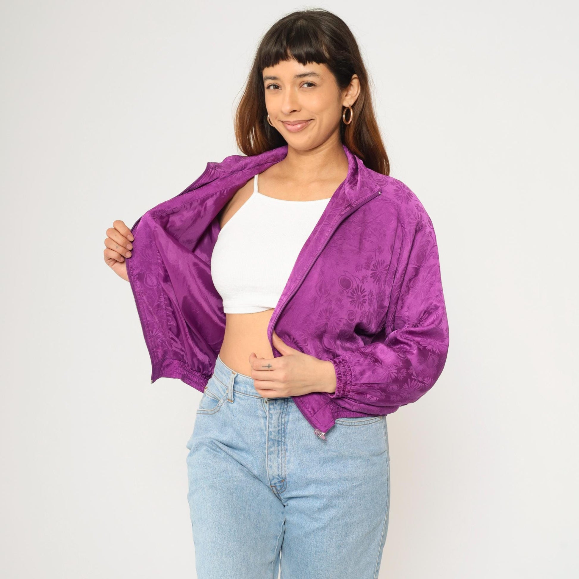 90s Silk Floral Jacquard Windbreaker Purple Zip-Up Raglan Jacket Extra Small