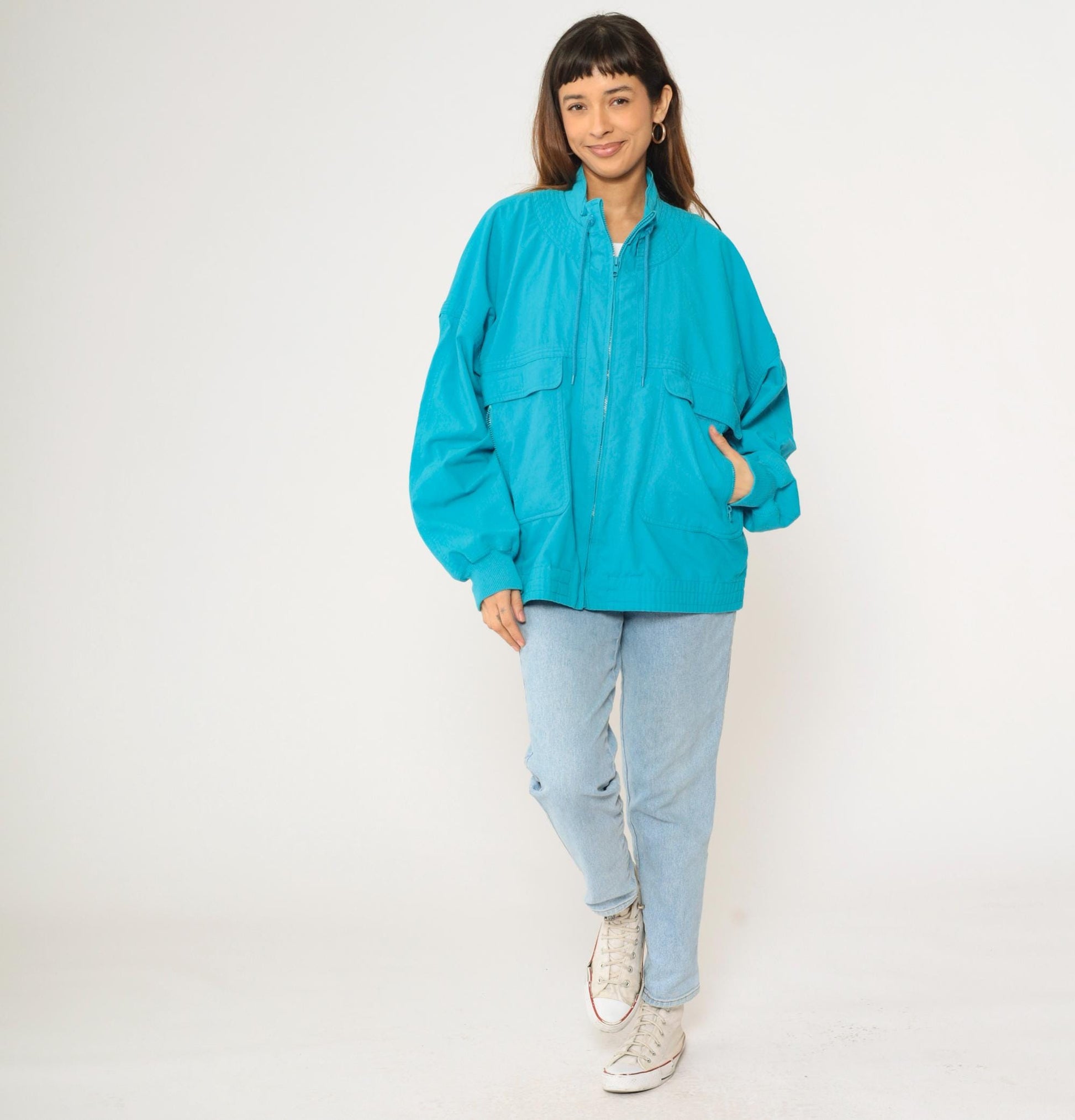 90s Turquoise Windbreaker Jacket Cargo Pockets Drawstring Neck XXL