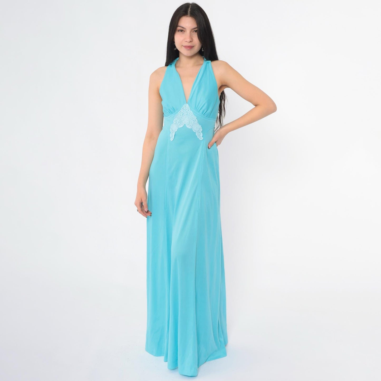 70s Blue Lace Empire Waist Maxi Dress V-Neck Sleeveless Racerback Small