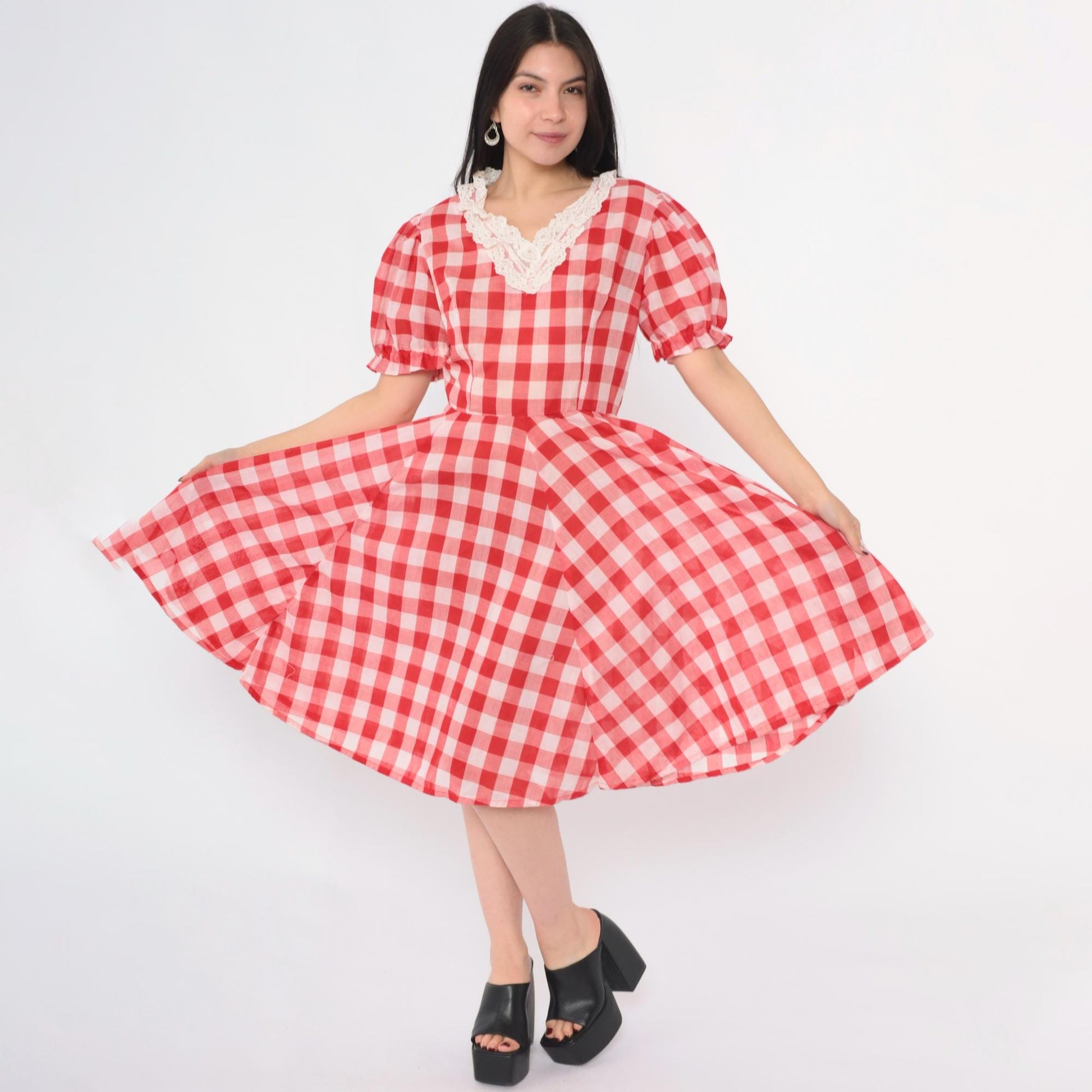 1970s Red Gingham Dress Puff Sleeve V-Neck Fit Flare Knee Length Small S
