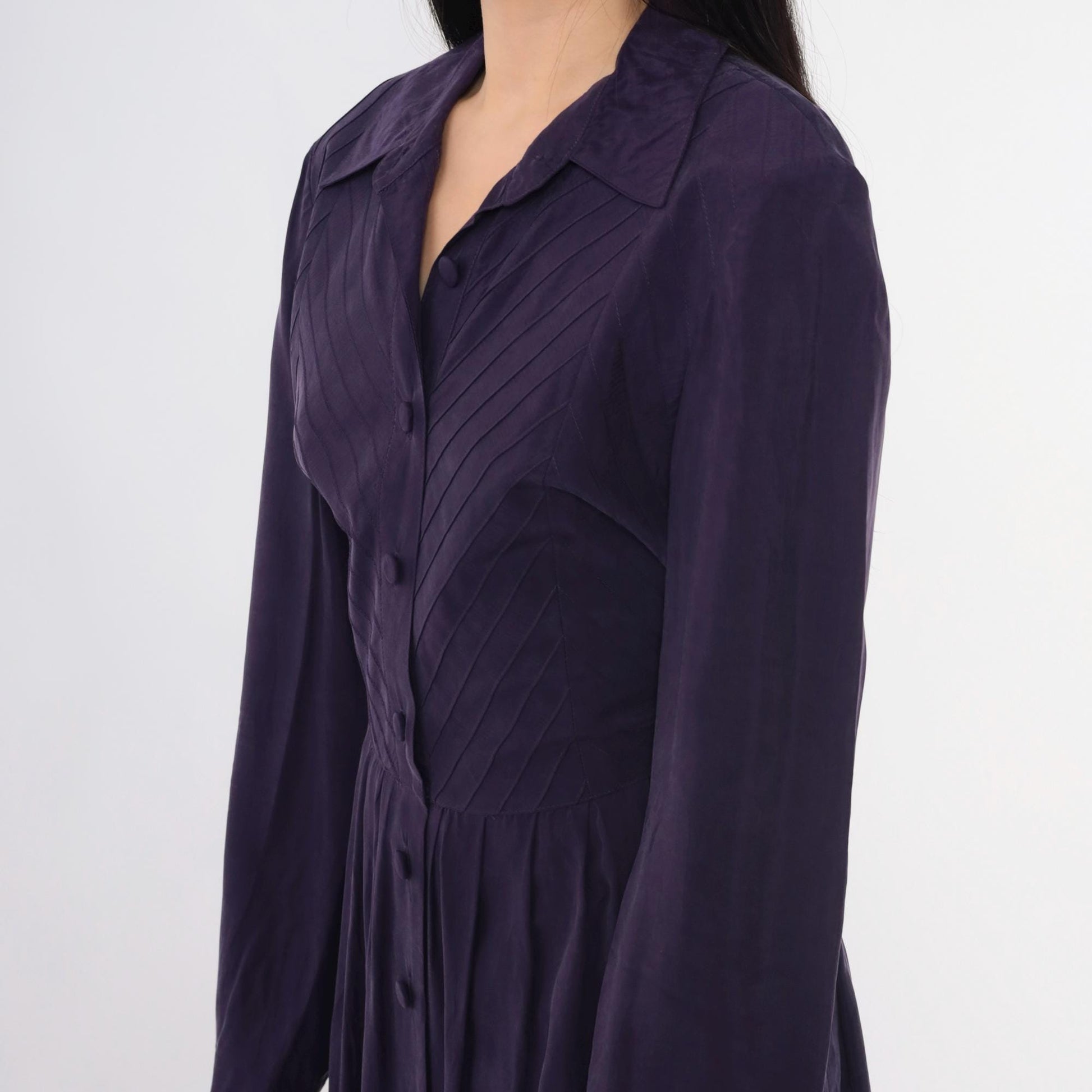 90s Coldwater Creek Purple Maxi Shirtdress Pintuck Collar Long Sleeve Medium M