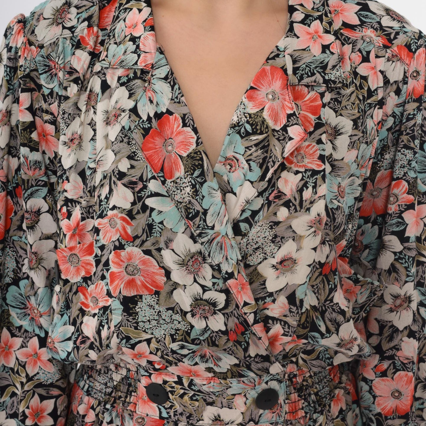 80s John Richard Floral Midi Dress Puff Sleeve V-Neck Elastic Waist Medium