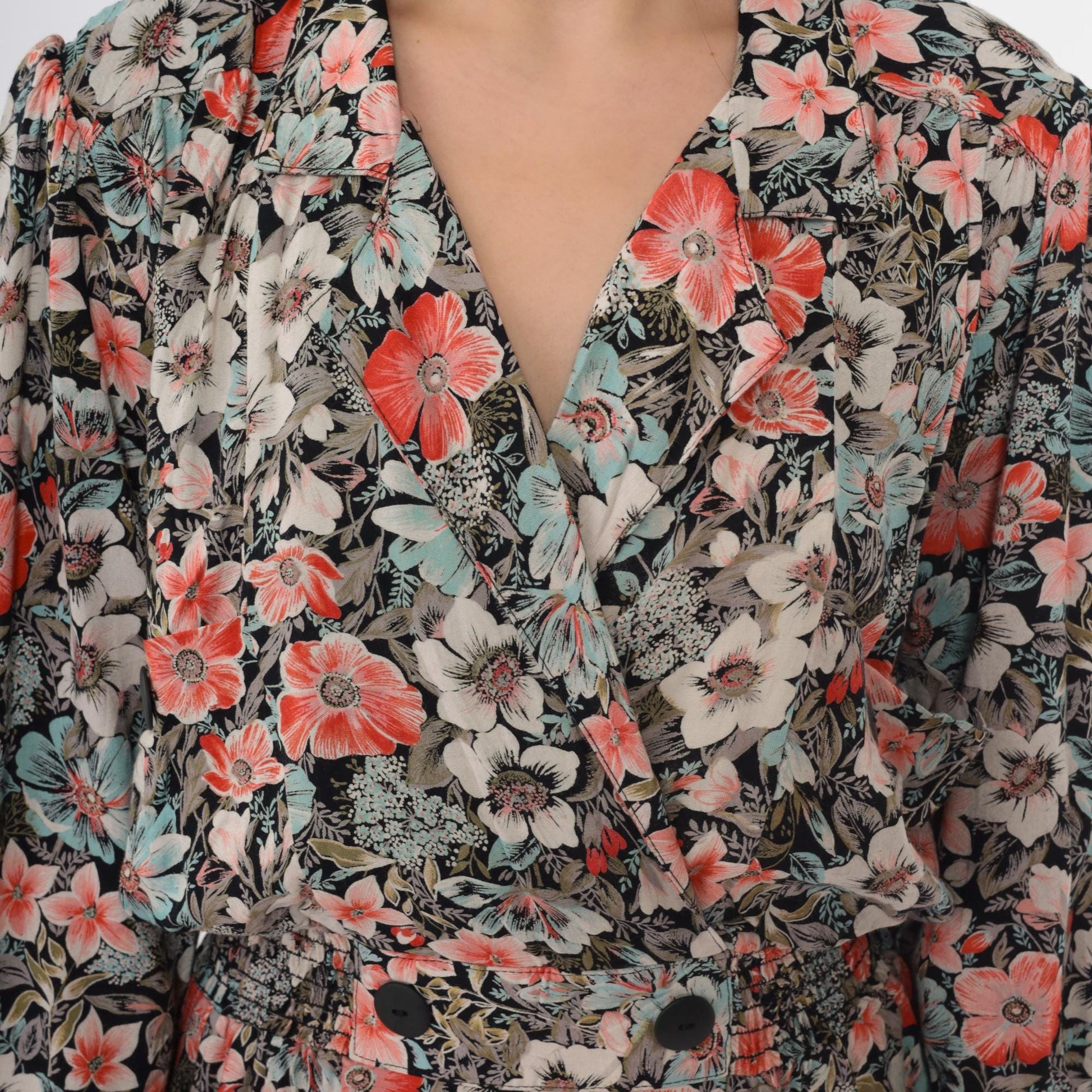 80s John Richard Floral Midi Dress Puff Sleeve V-Neck Elastic Waist Medium