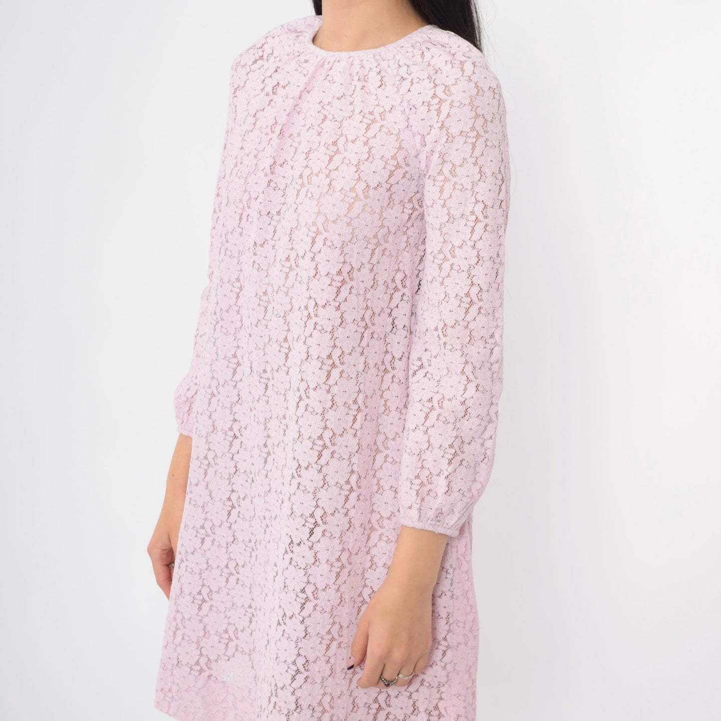 60s Lavender Lace Mini Dress Long Sleeve Shift Party Dress Small S