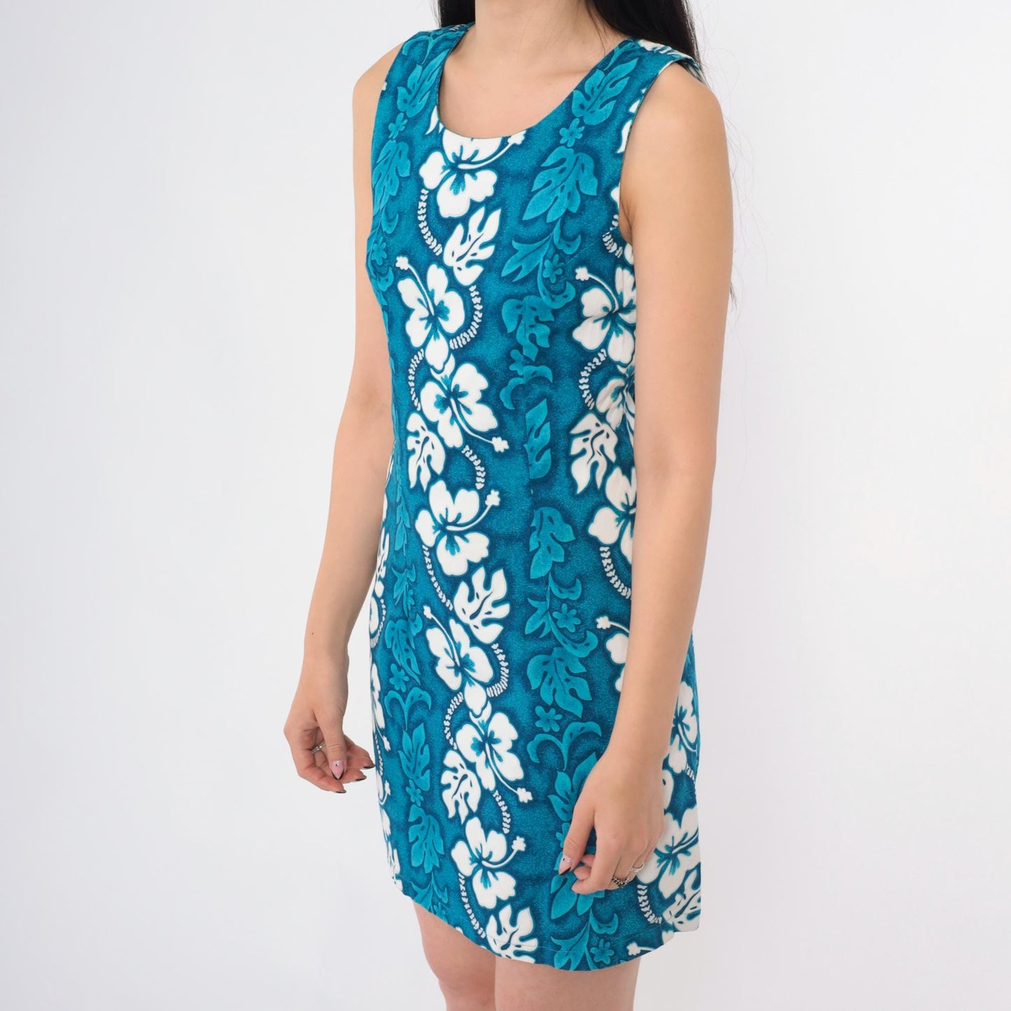 90s Hawaiian Floral Mini Dress Blue White Hibiscus Sleeveless Sheath Extra Small