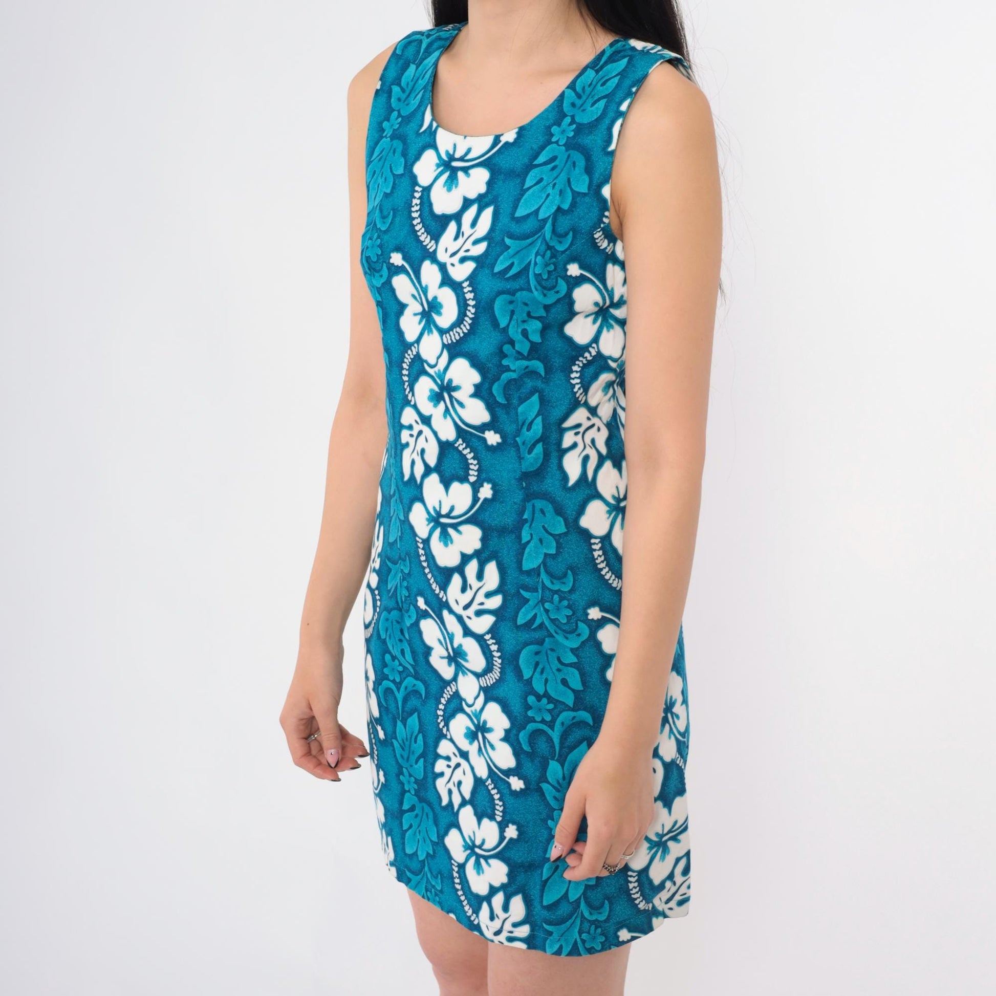 90s Hawaiian Floral Mini Dress Blue White Hibiscus Sleeveless Sheath Extra Small