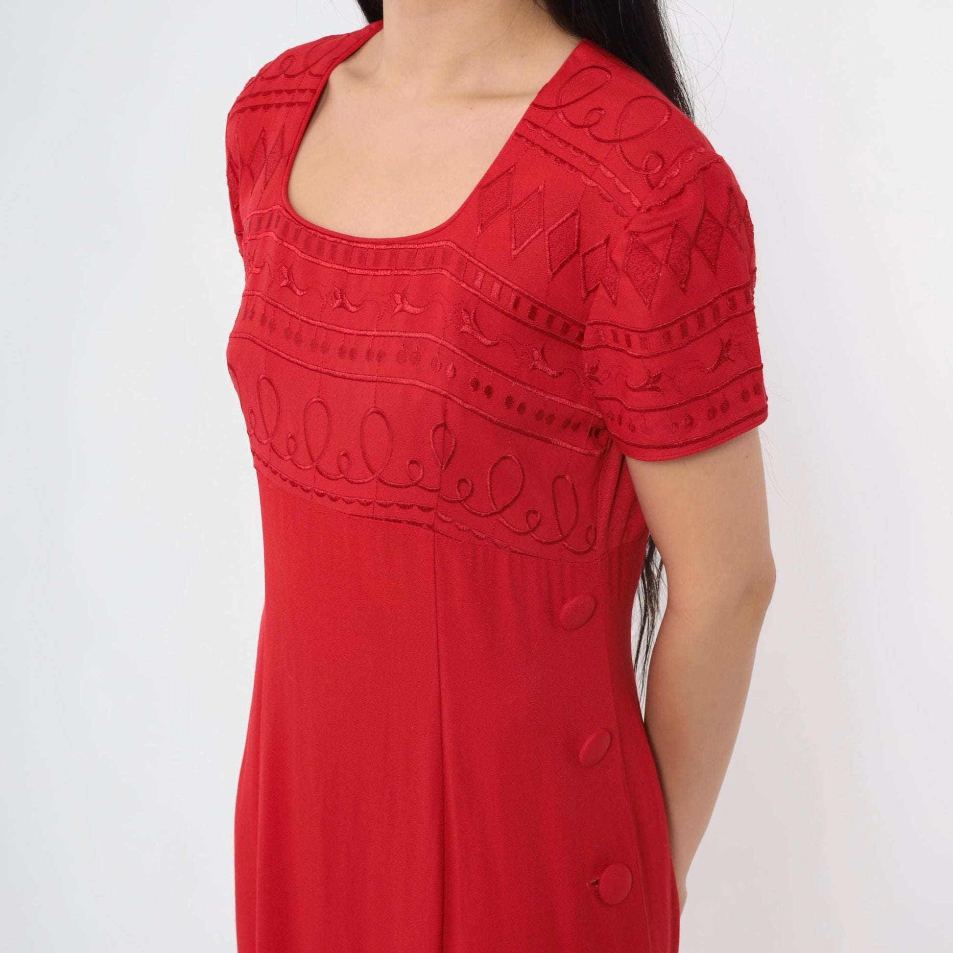 90s Jessica Howard Red Geometric Embroidered Midi Dress Empire Waist Small