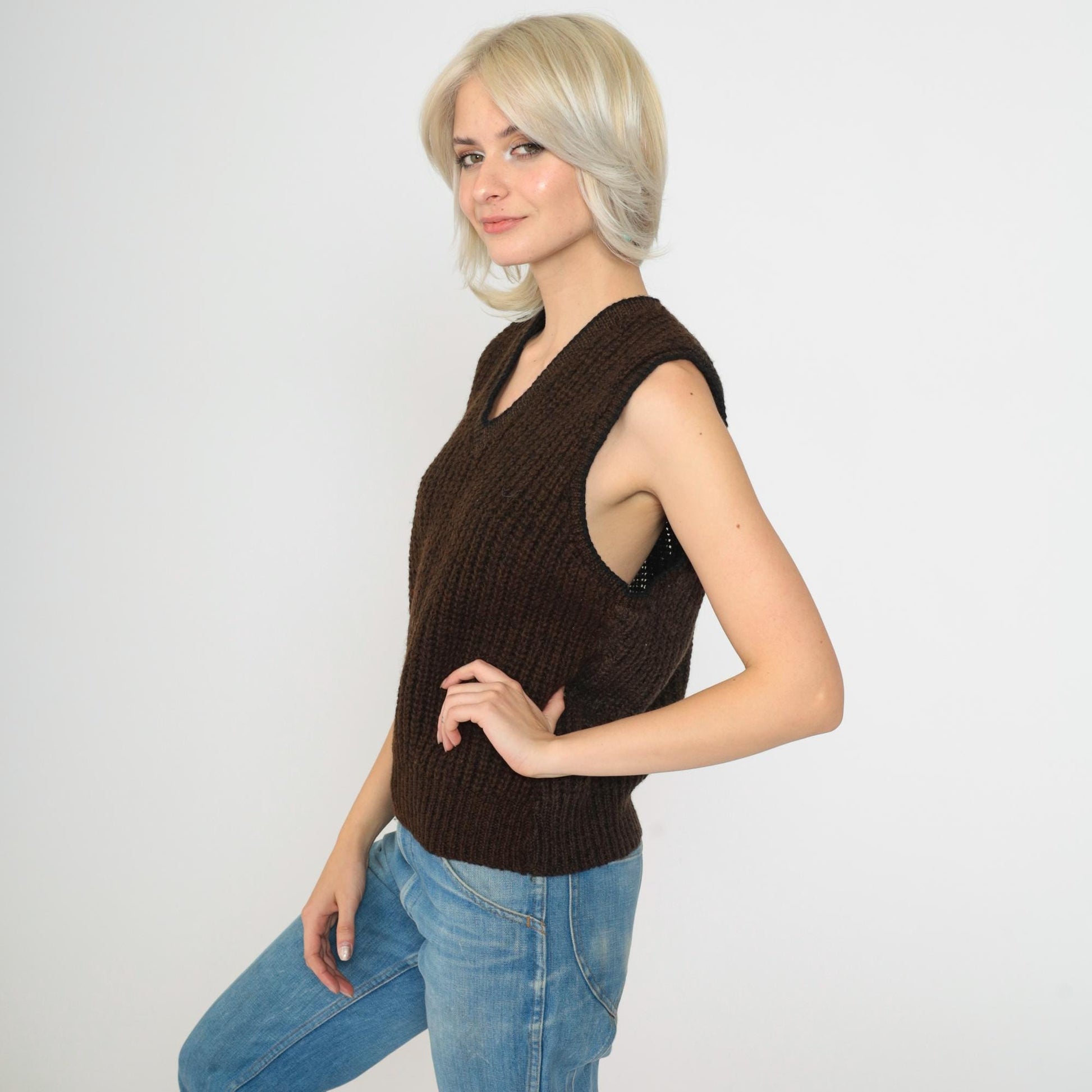 80s Broadway Wool Sweater Vest Brown Ribbed V-Neck Knit Small