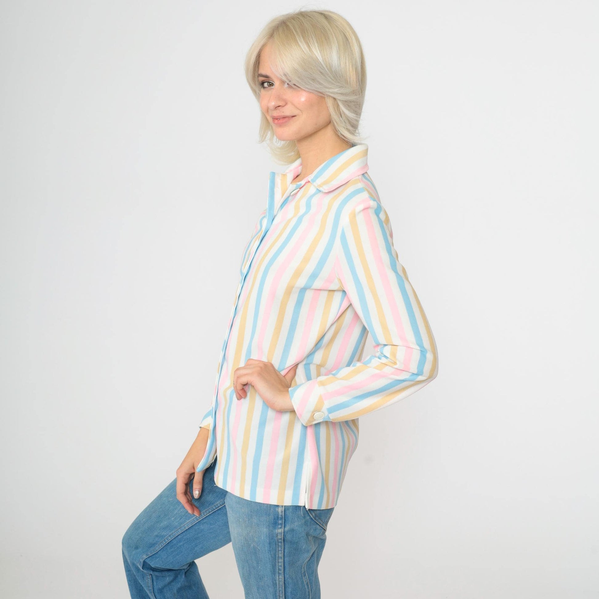 70s Pastel Striped Button-Up Blouse White Pink Blue Long Sleeve Small
