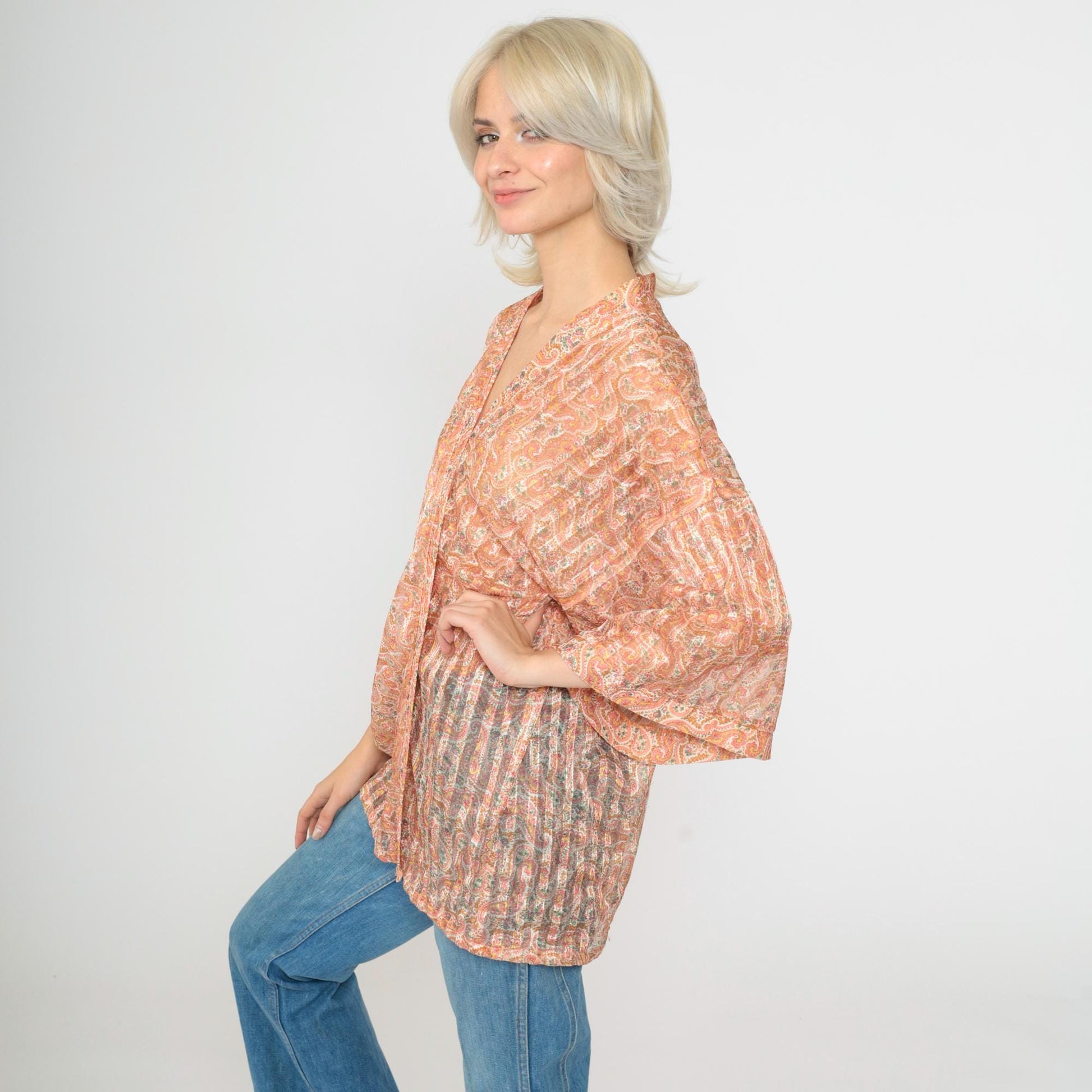 70s Paisley Kimono Jacket Peach Gold Sheer Wide Sleeve Open Front Medium Large