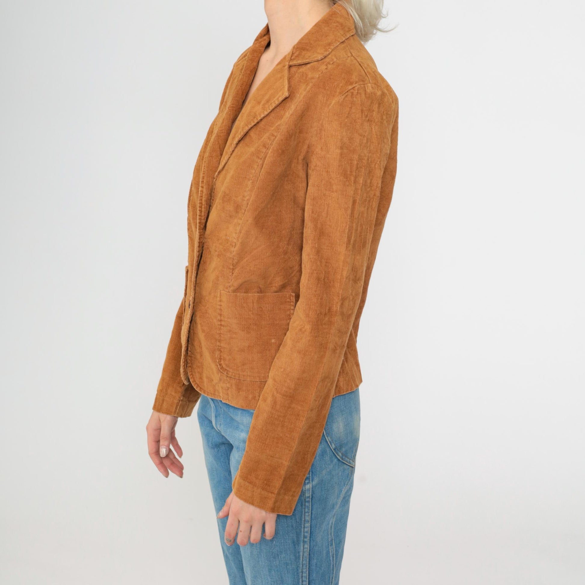 Late 70s Early 80s Brown Corduroy Blazer Notched Lapel Fitted Small S