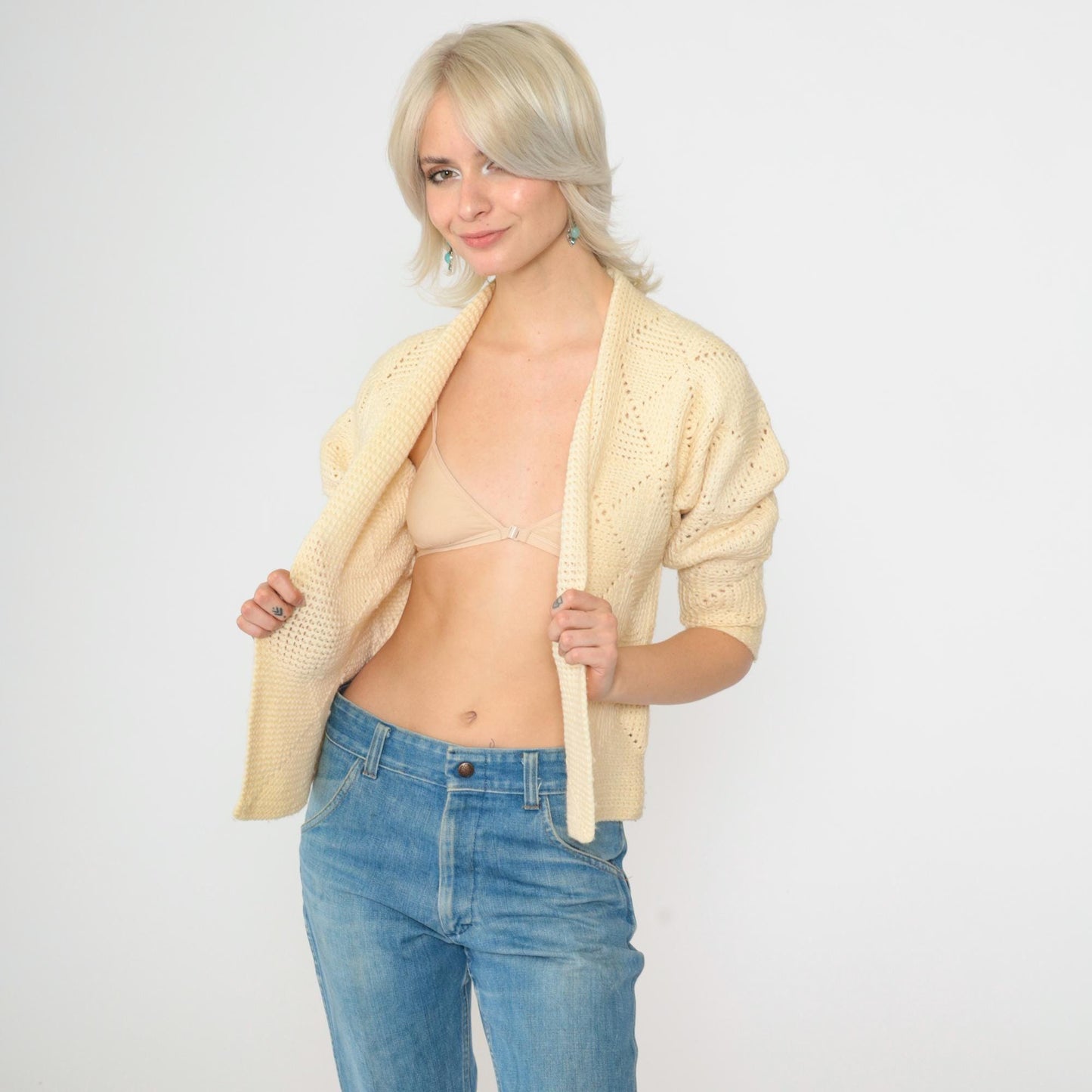 70s Cream Open Knit Cardigan Cropped Dolman Sleeve Geometric Textured Extra Small