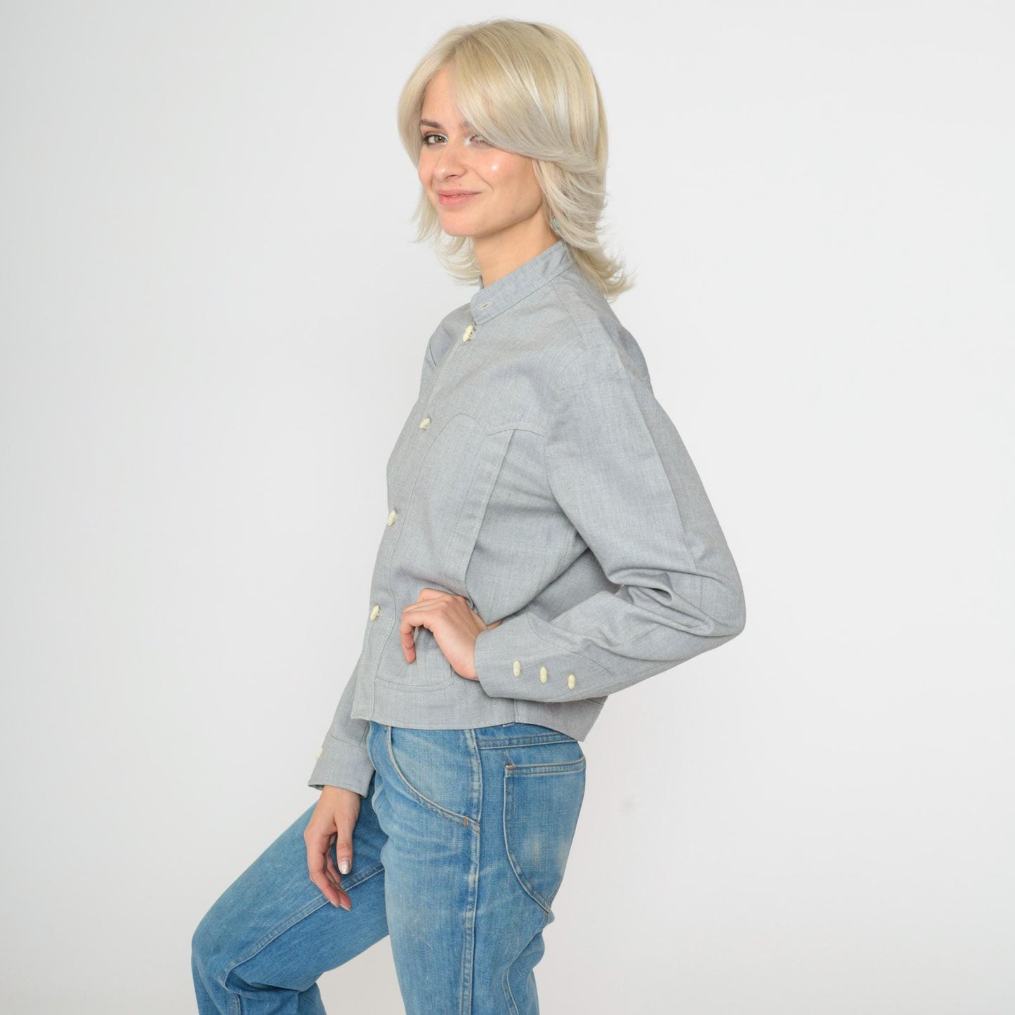 70s Western Jacket Grey Cotton Blend Toggle Button Mandarin Collar Small