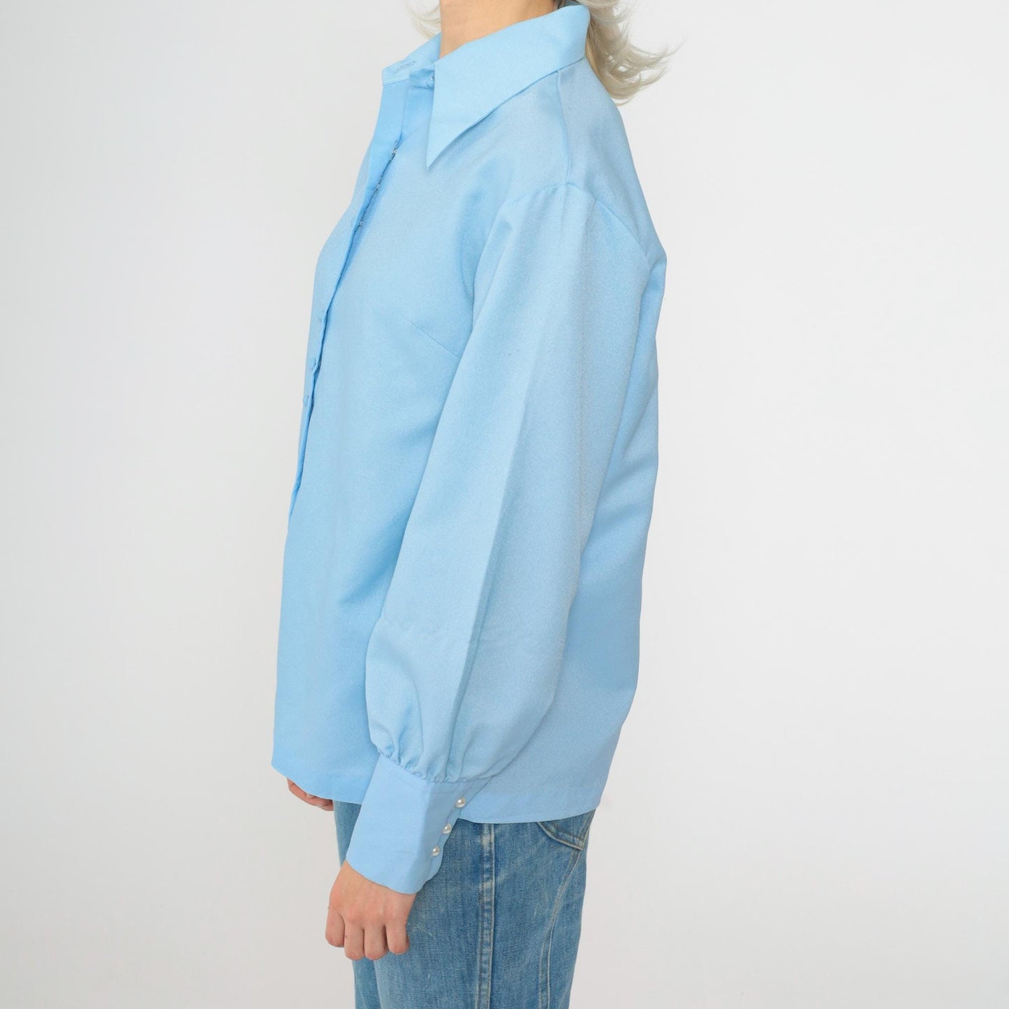 70s Baby Blue Button-Up Blouse Dagger Collar Long Sleeve Small