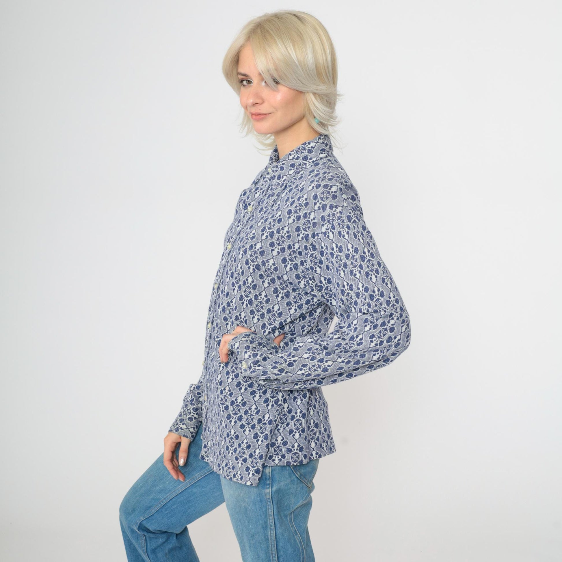 70s Van Heusen Jacquard Geometric Button Up Shirt Blue White Large