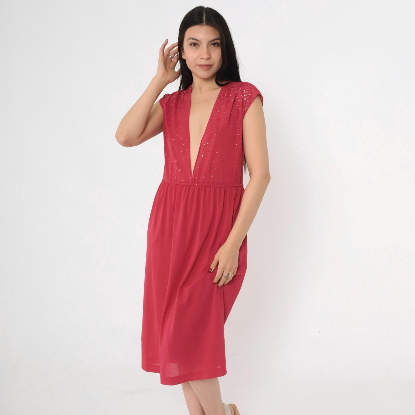 70s Raspberry Glitter Midi Dress Plunge V Neckline Cap Sleeve Small