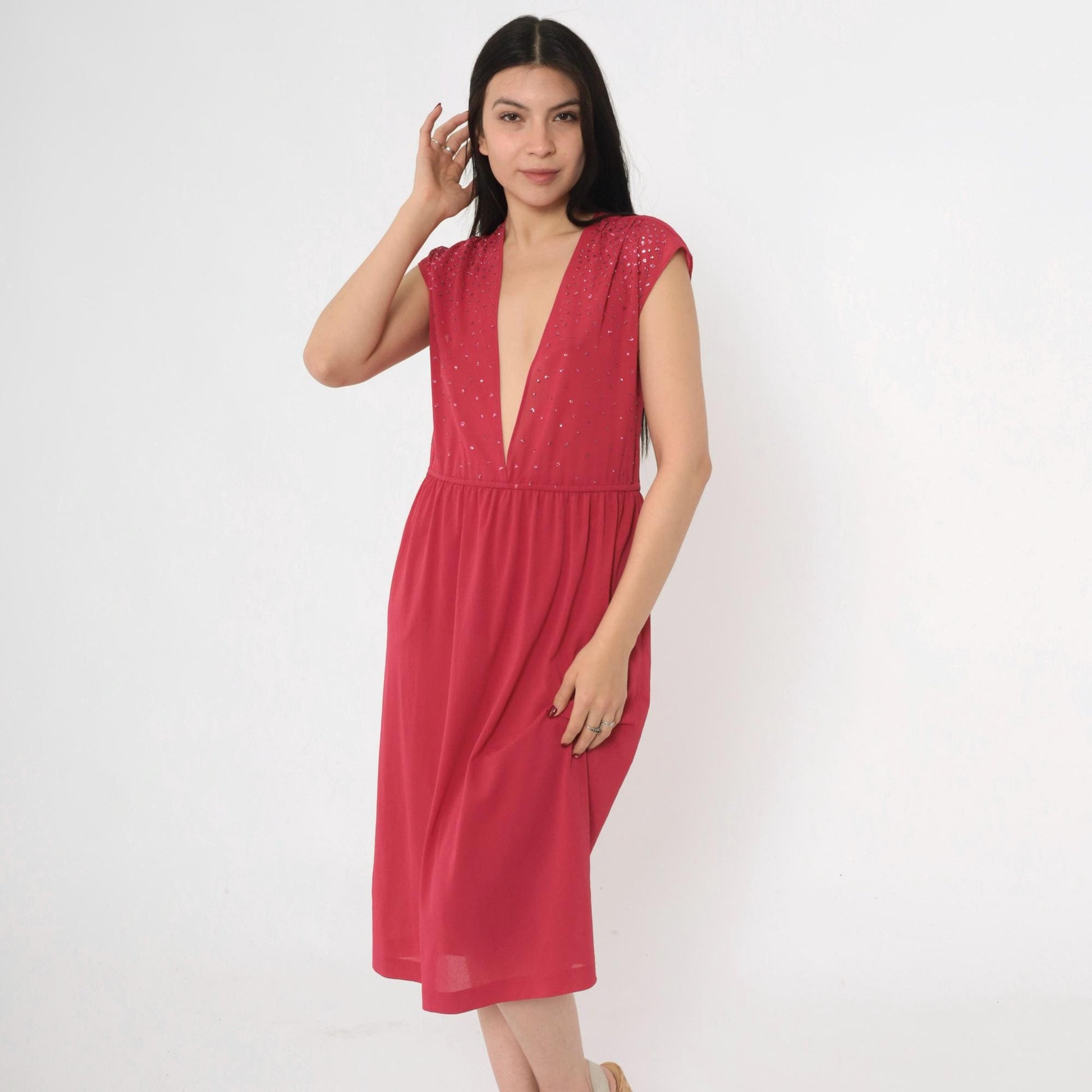 70s Raspberry Glitter Midi Dress Plunge V Neckline Cap Sleeve Small