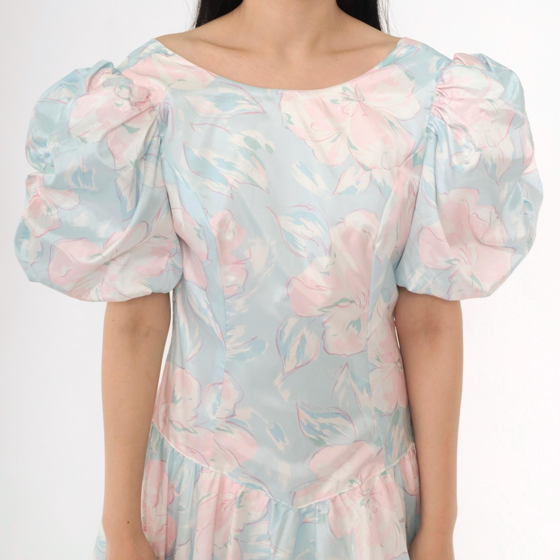 80s Pastel Floral Midi Dress Puff Sleeve Basque Waist Blue Pink Small
