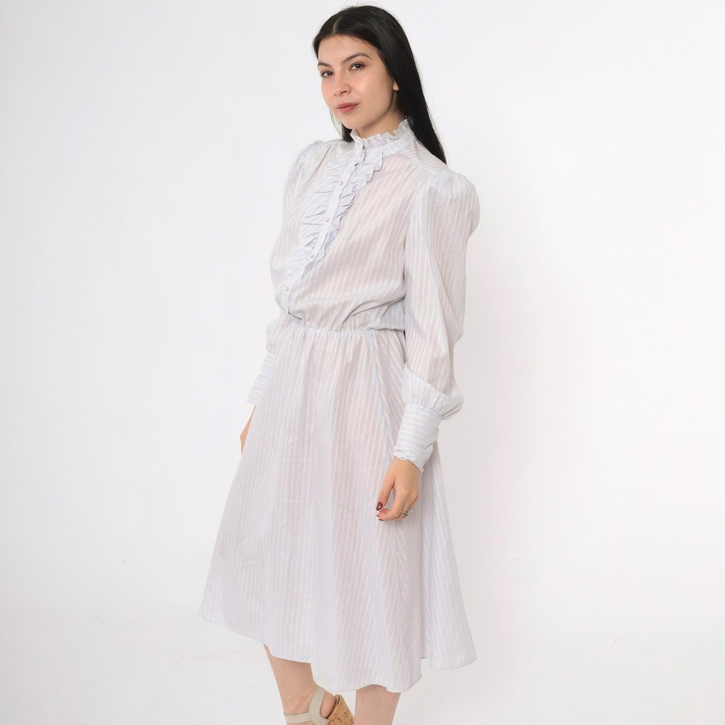 80s Striped Puff Sleeve Midi Dress Grey-Blue Pink White High Waisted Small