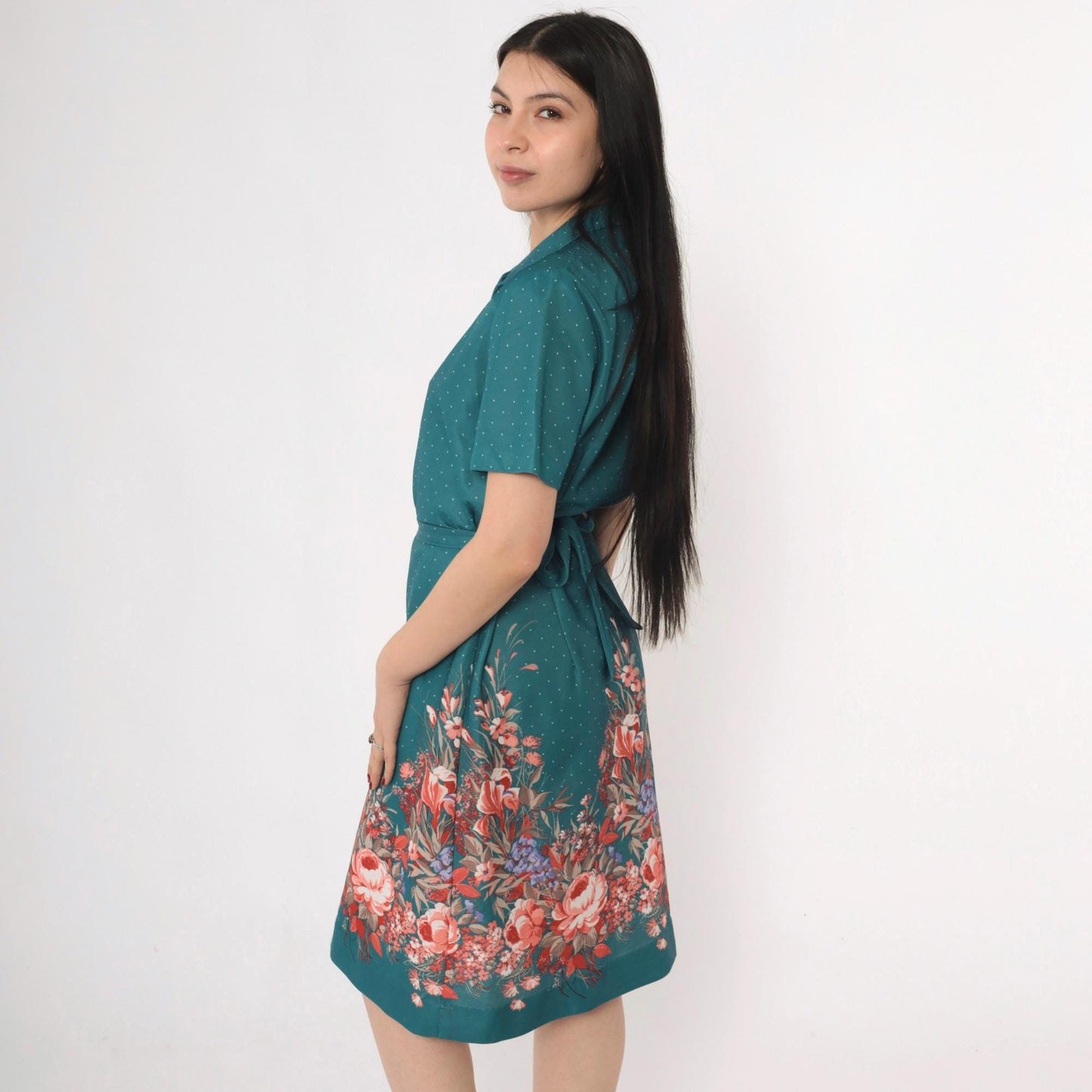 70s Nancy Frock Floral Polka Dot Shift Dress Teal Midi Collared Medium