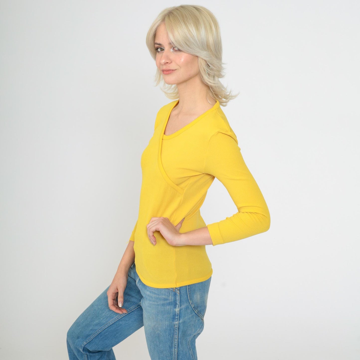 70s Yellow Ribbed Nylon Blouse Asymmetrical Faux Wrap V-Neck Long Sleeve XS